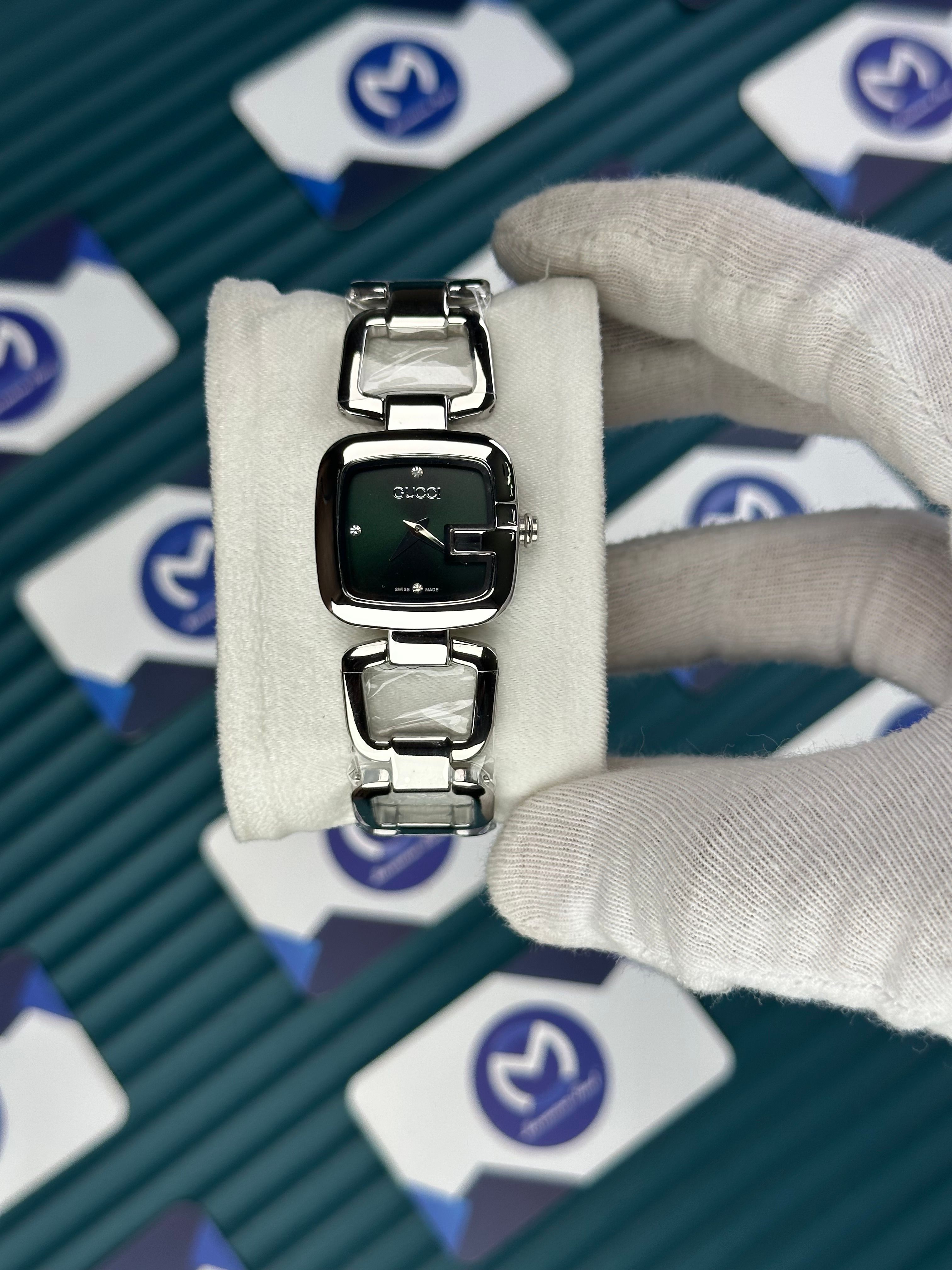 GUCCI WOMAN RING BRACELET GREEN DIAL DIAMOND INDEX SILVER CORD 
