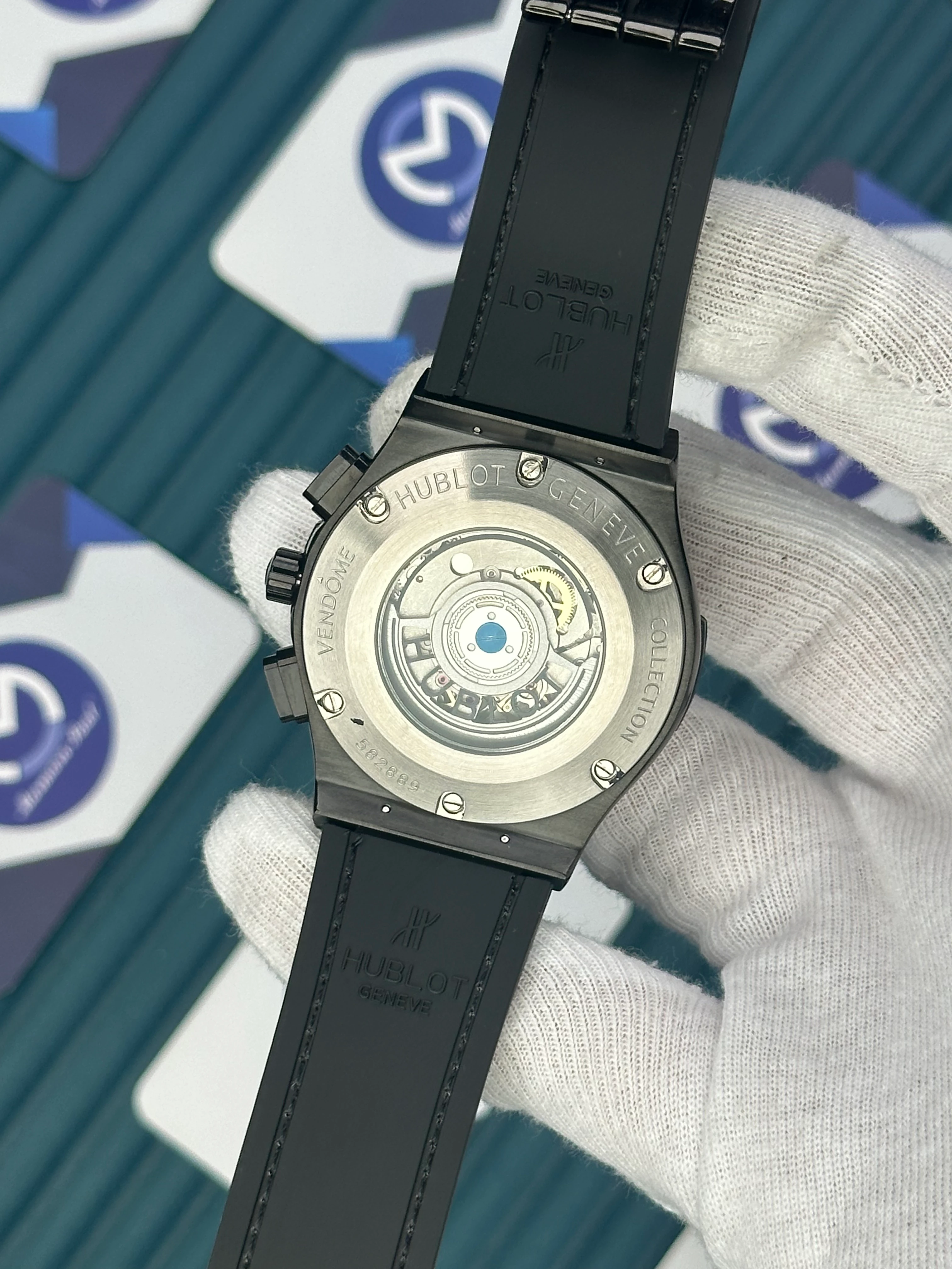 HUBLOT AUTOMATIC BLACK CHRONOGRAPH DIAL ROSE CASE BLACK CASE BLACK LEATHER CORD 