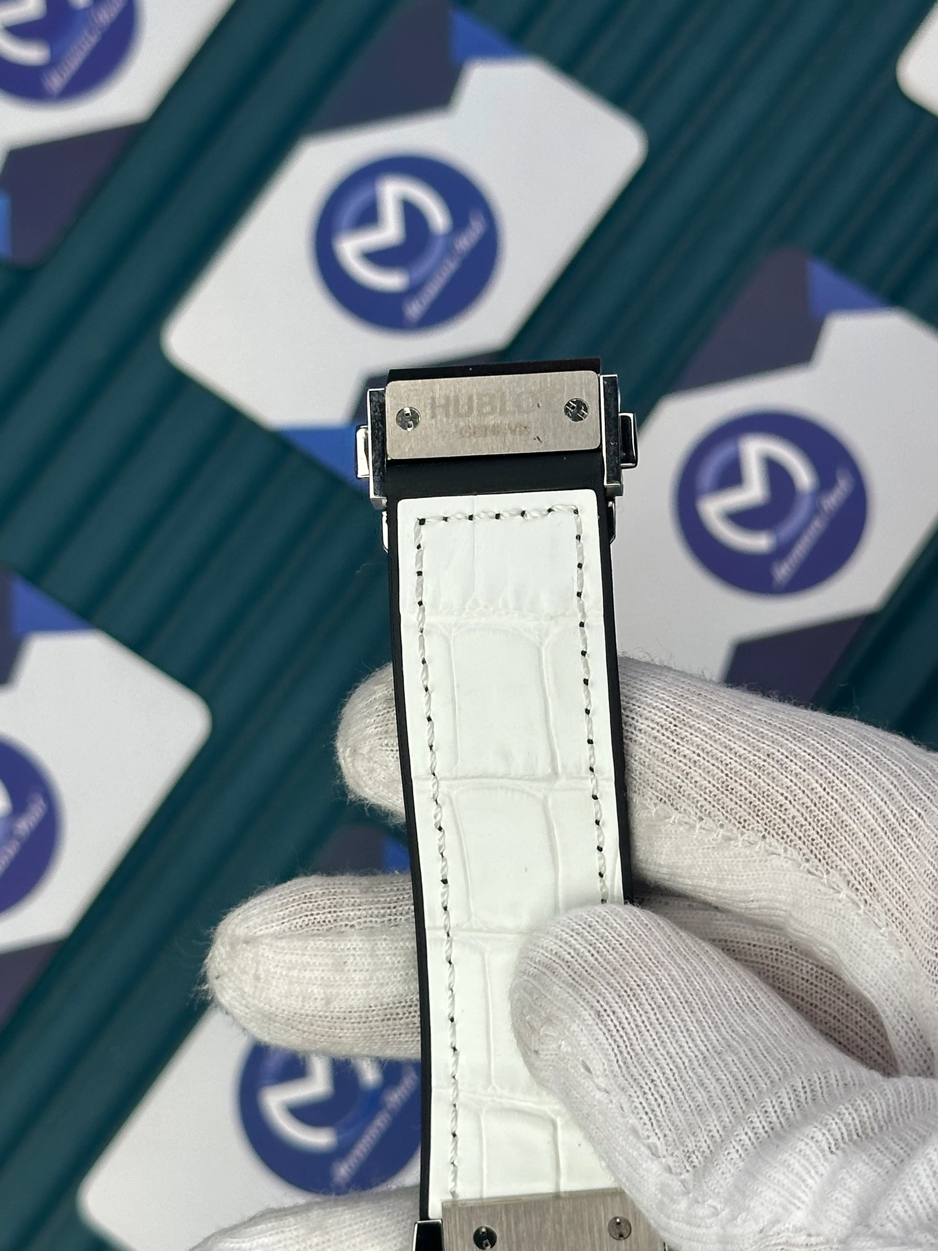 HUBLOT AUTOMATIC WHITE CHRONOGRAPH DIAL DIAMOND BEZEL WHITE LEATHER CORD 