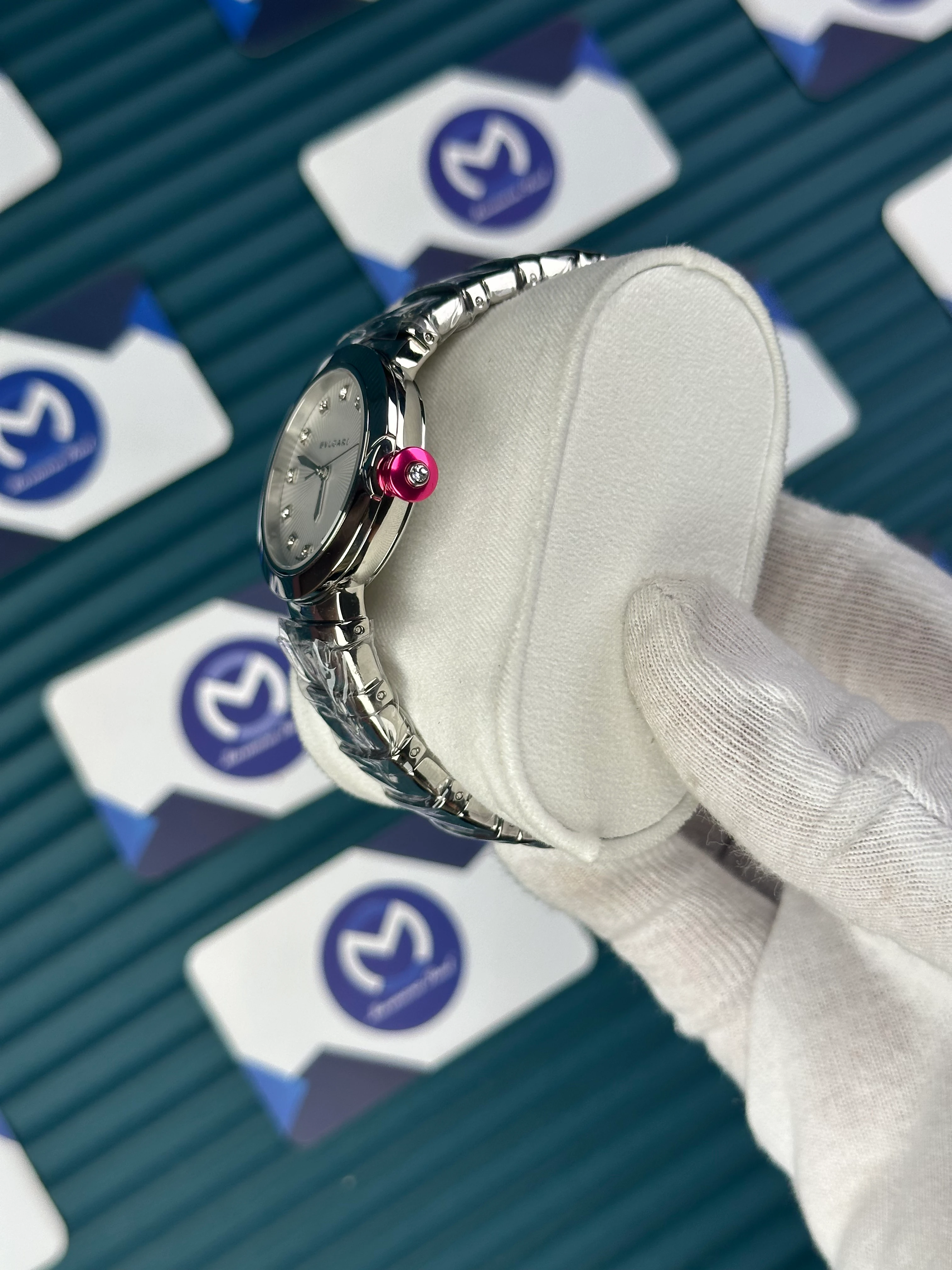 BVLGARI WHITE DIAL DIAMOND BEZEL SILVER BRACELET