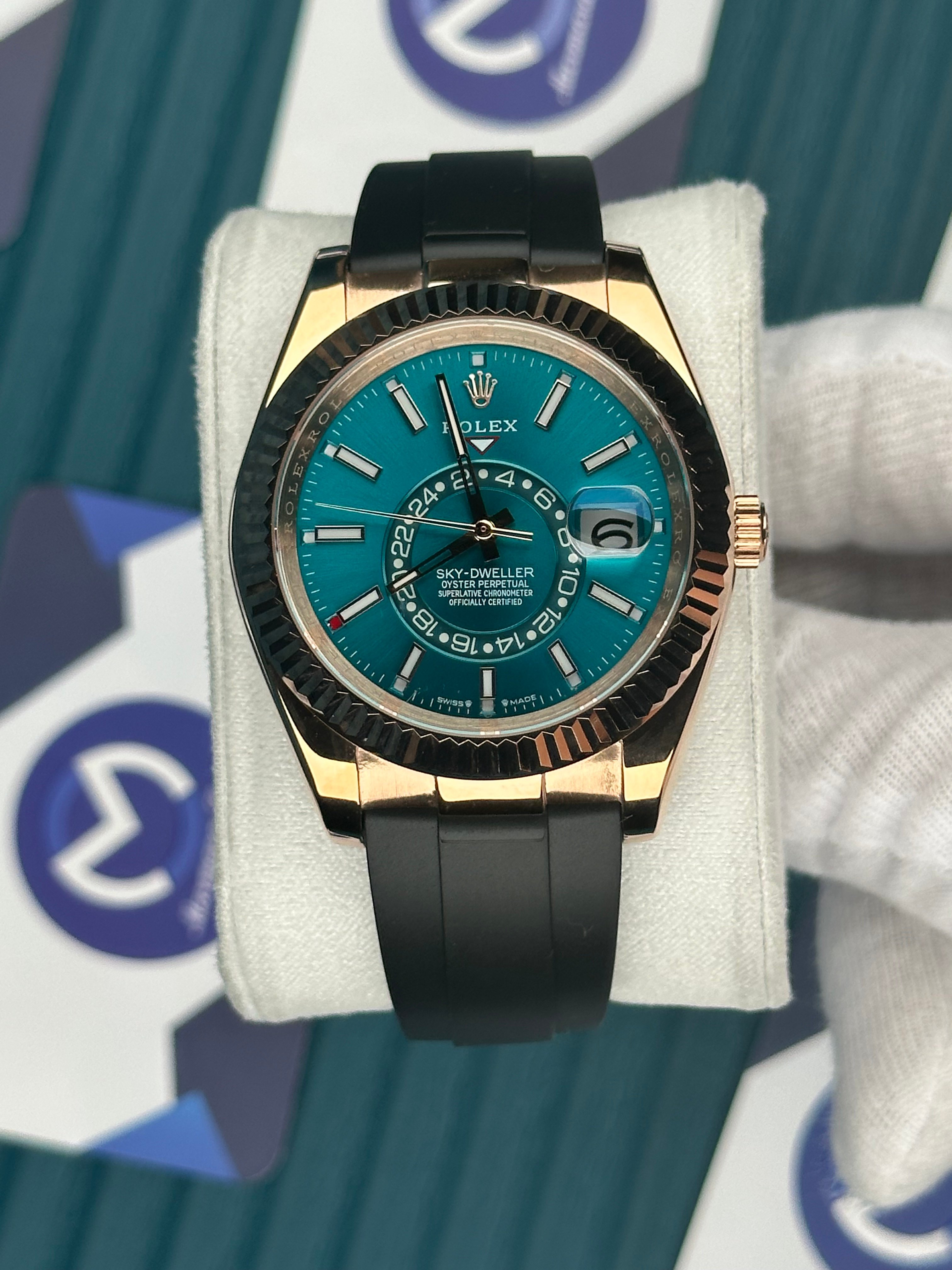 ROLEX SKY-DWELLER BLUE DIAL ROSE CASE BLACK OYSTERFLEX