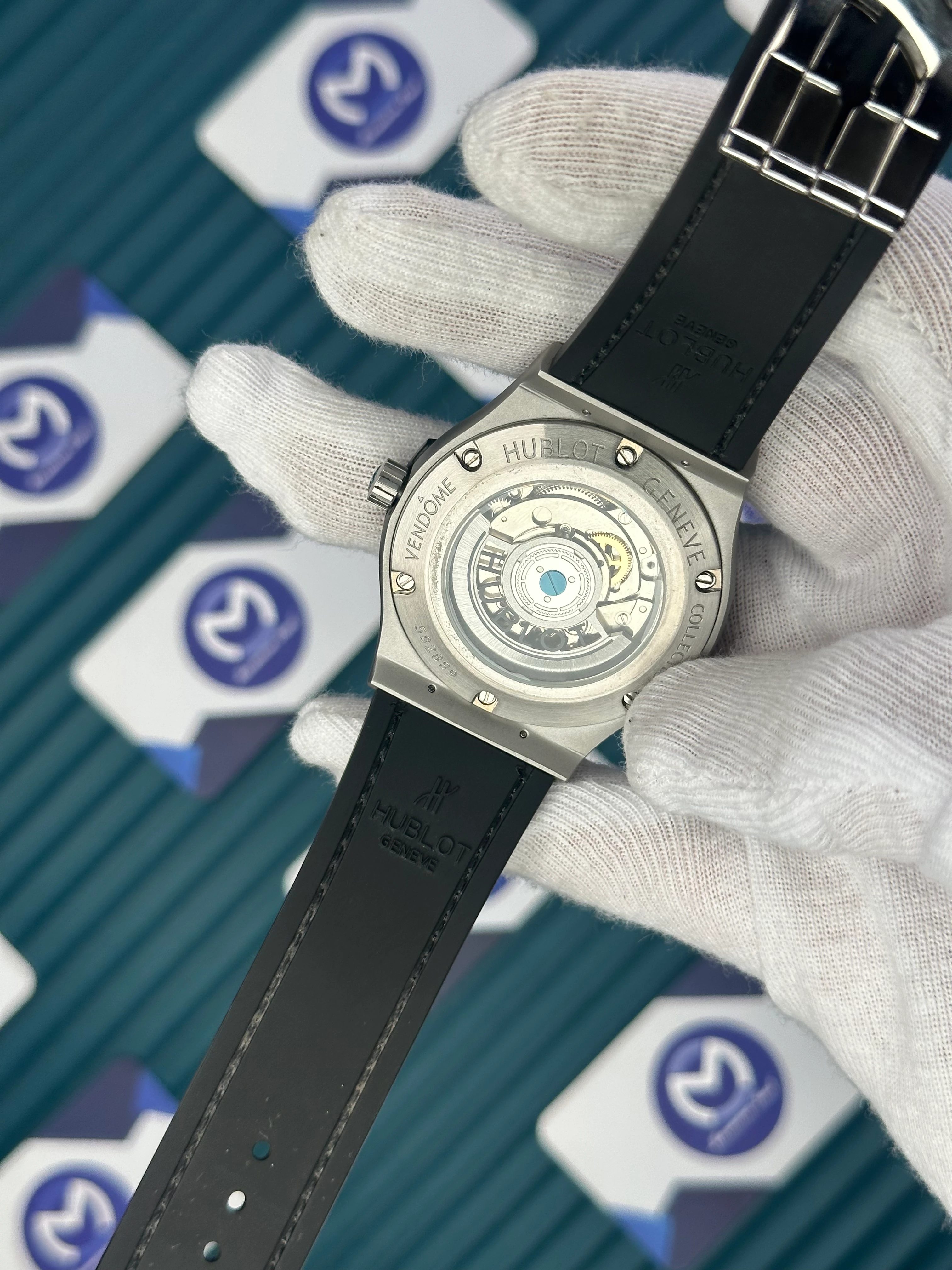 HUBLOT GENEVE AUTOMATIC BLACK DIAL GREY CASE BLACK LEATHER CORD 