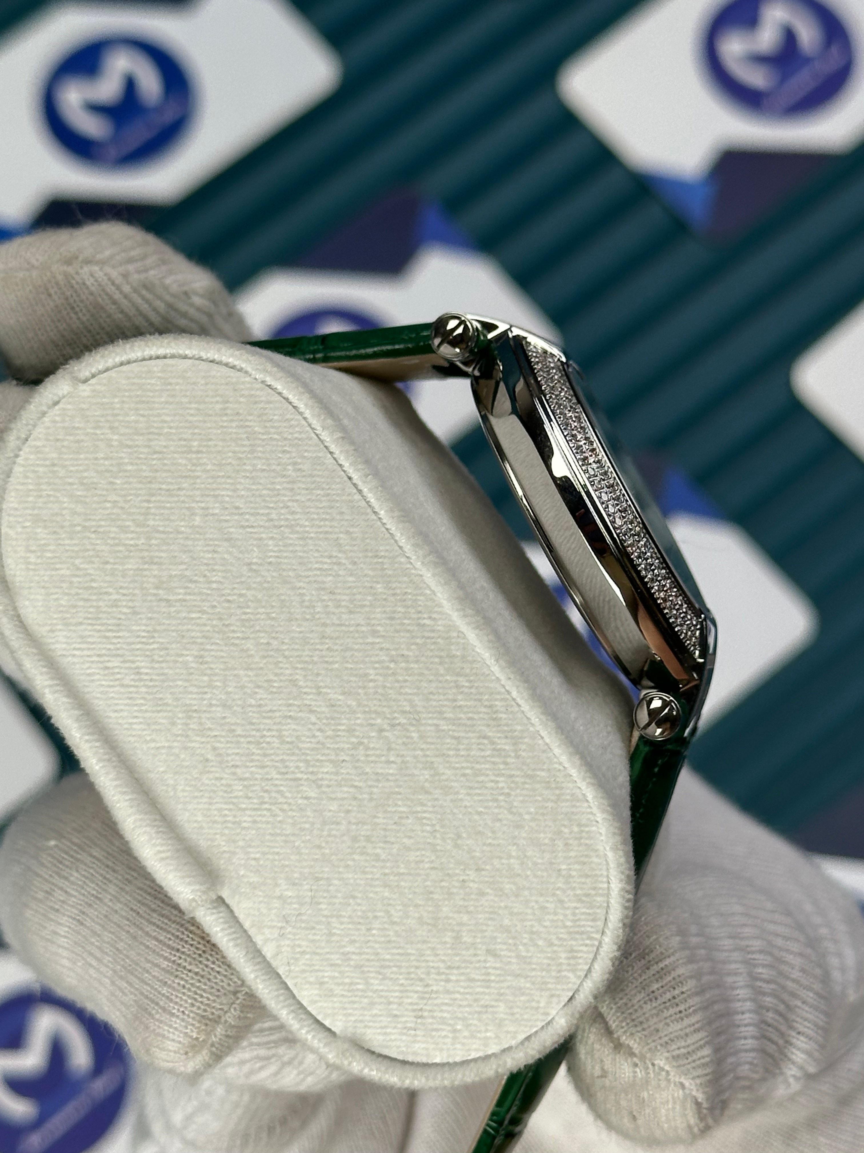 VERSACE 38 GREEN DIAL DIAMOND BEZEL SILVER CASE GREEN LEATHER CORD