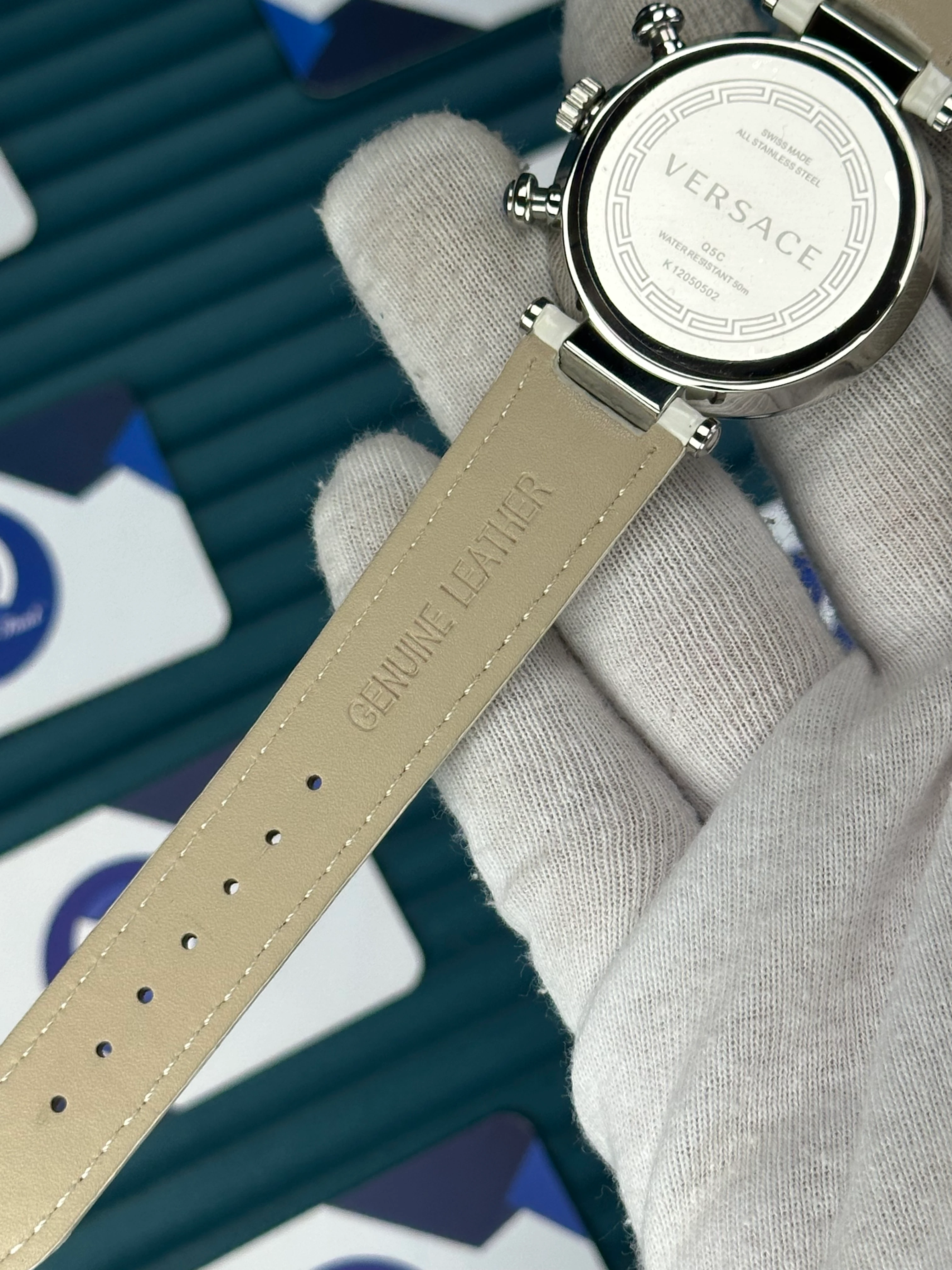 VERSACE 38 WHITE DIAL DIAMOND BEZEL SILVER CASE CHRONOGRAPH WHITE LEATHER CORD