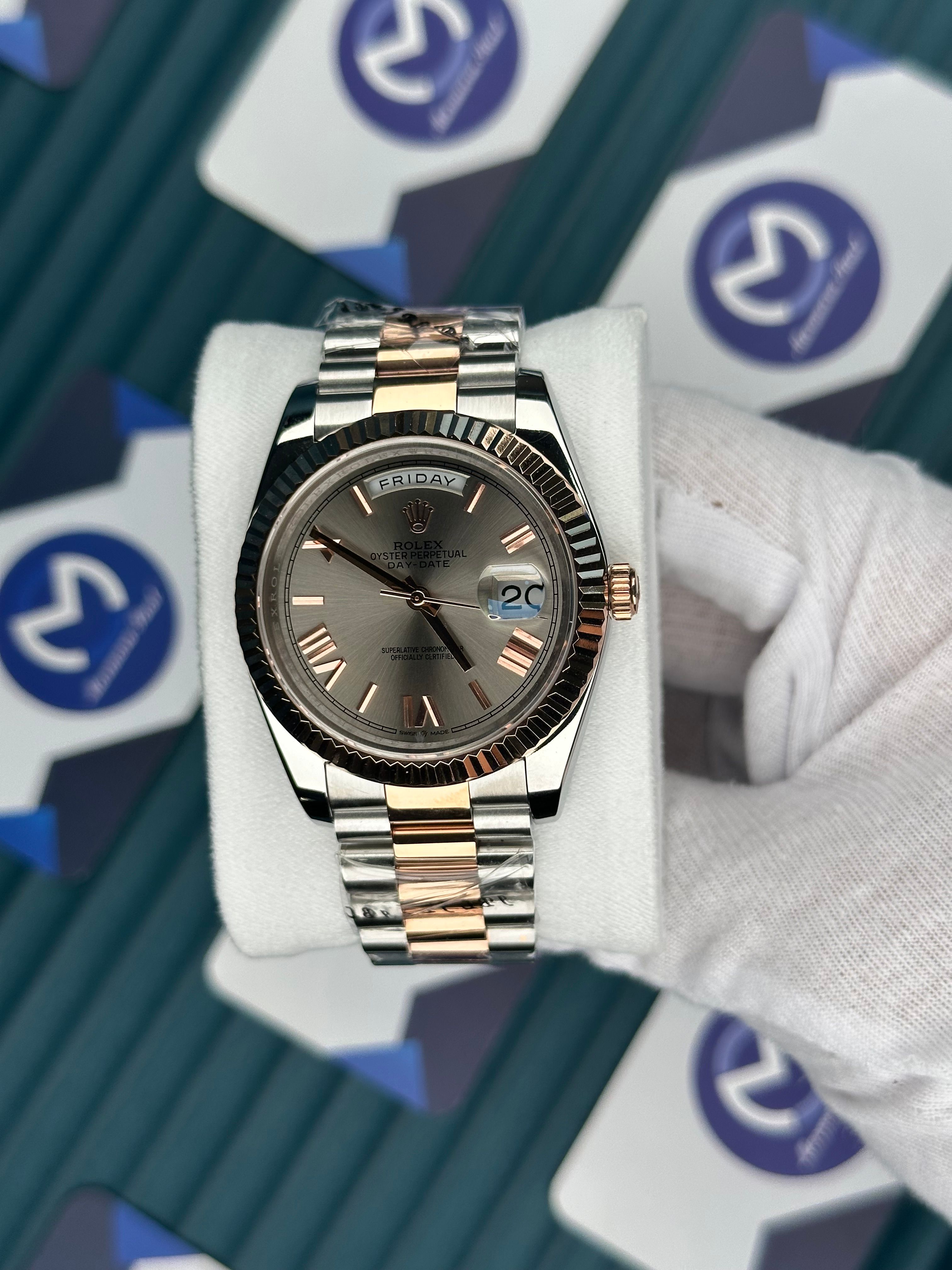 ROLEX DAY-DATE GREY DIAL ROMA INDEX ROSE-SILVER PRESIDENT
