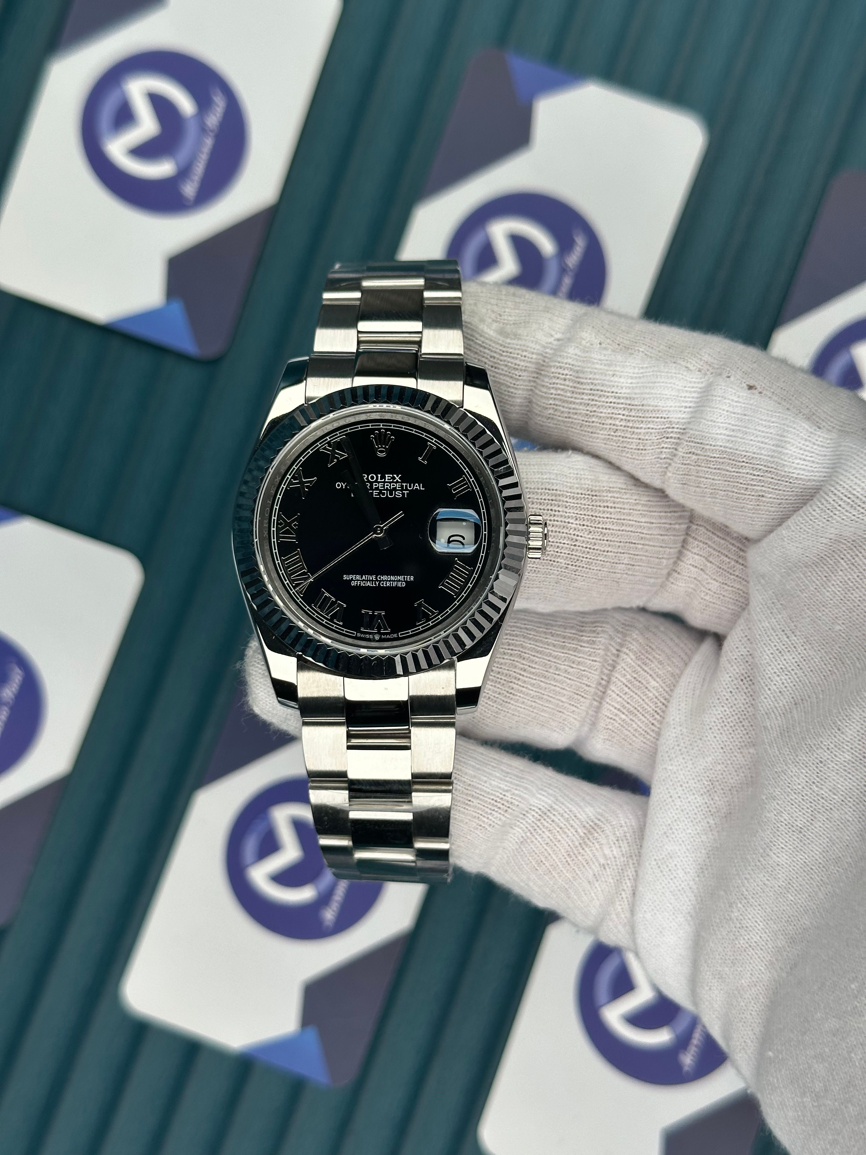 ROLEX DATEJUST BLACK DIAL ROMA INDEX SILVER OYSTER