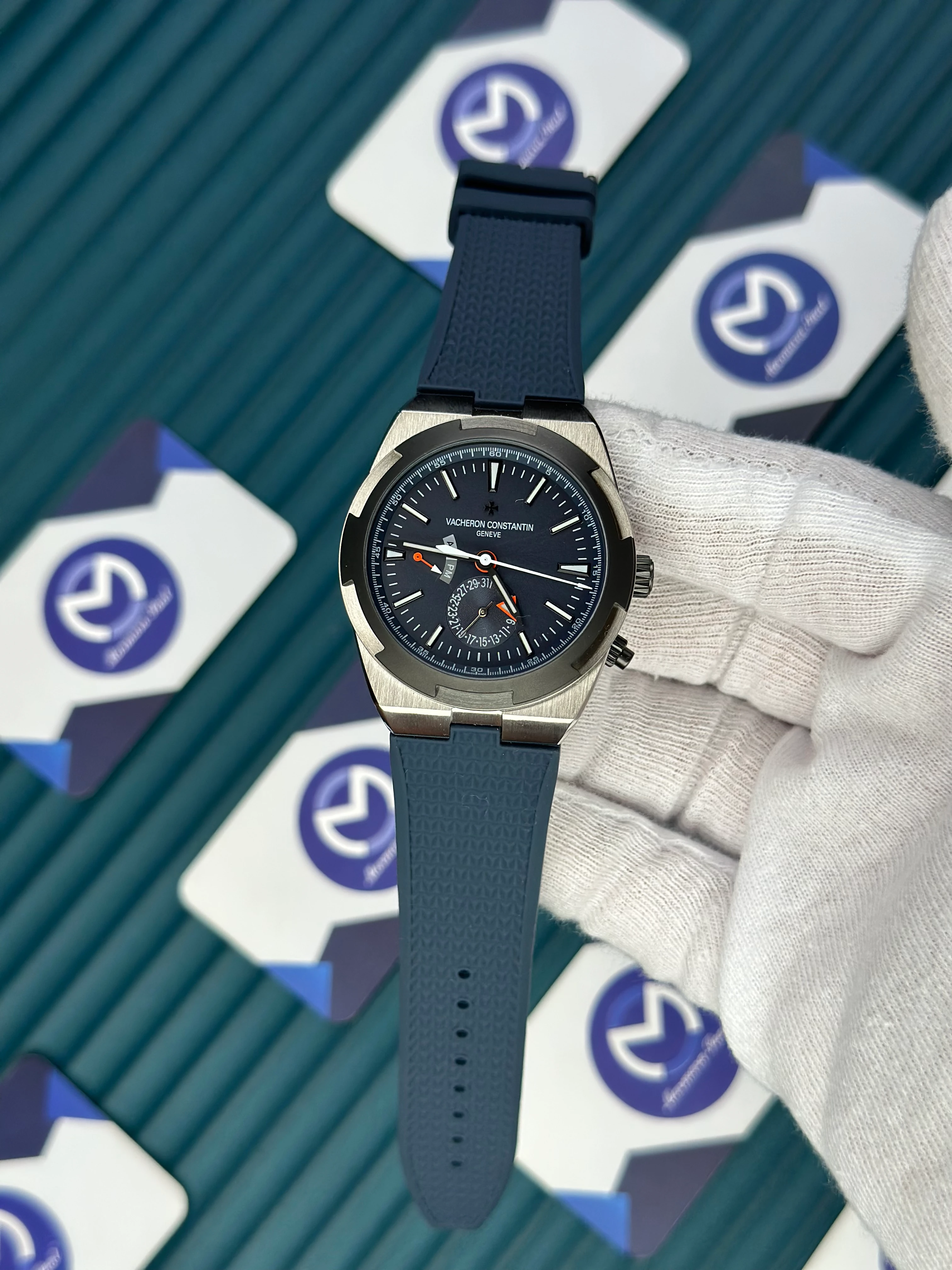 VACHERON CONSTANTIN BLUE DIAL SILVER CASE BLACK BEZEL DUAL TIME NAVY BLUE RUBBER 