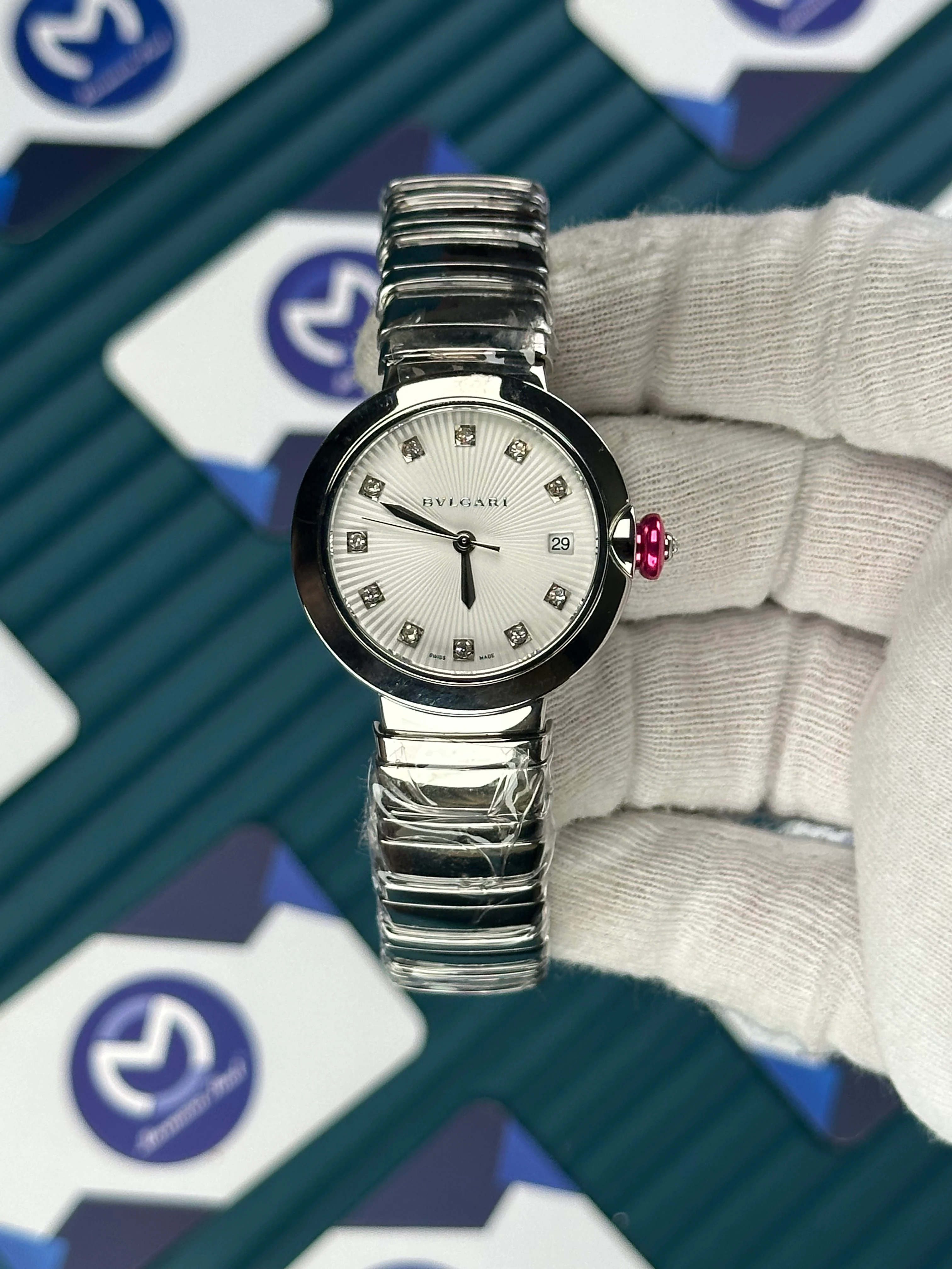 BVLGARI WHITE DIAL DIAMOND BEZEL SILVER BRACELET