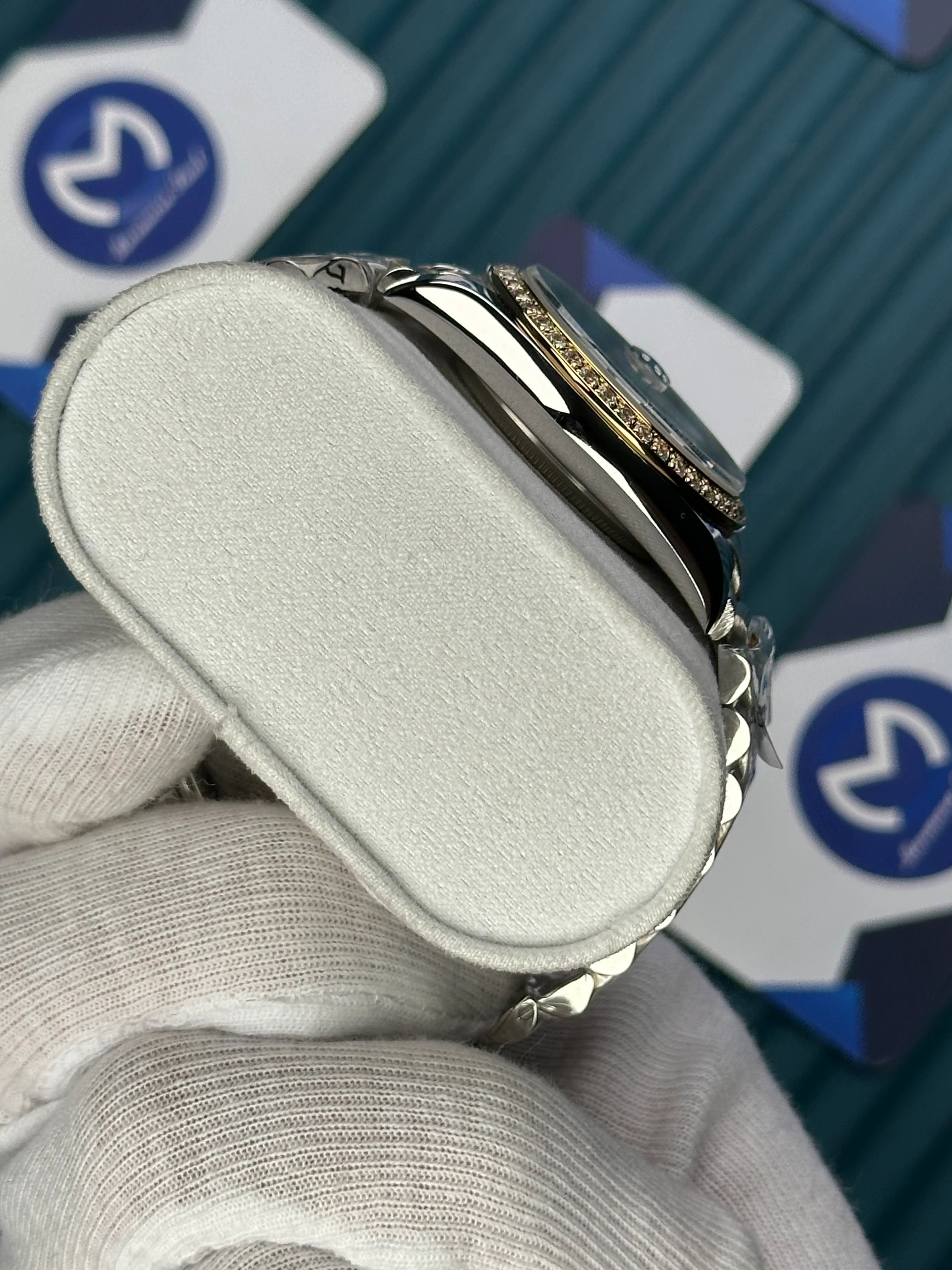 ROLEX 36 MM DAY-DATE BLACK PATTERNED DIAL DIAMOND INDEX AND BEZEL GOLD-SILVER PREIDENT 