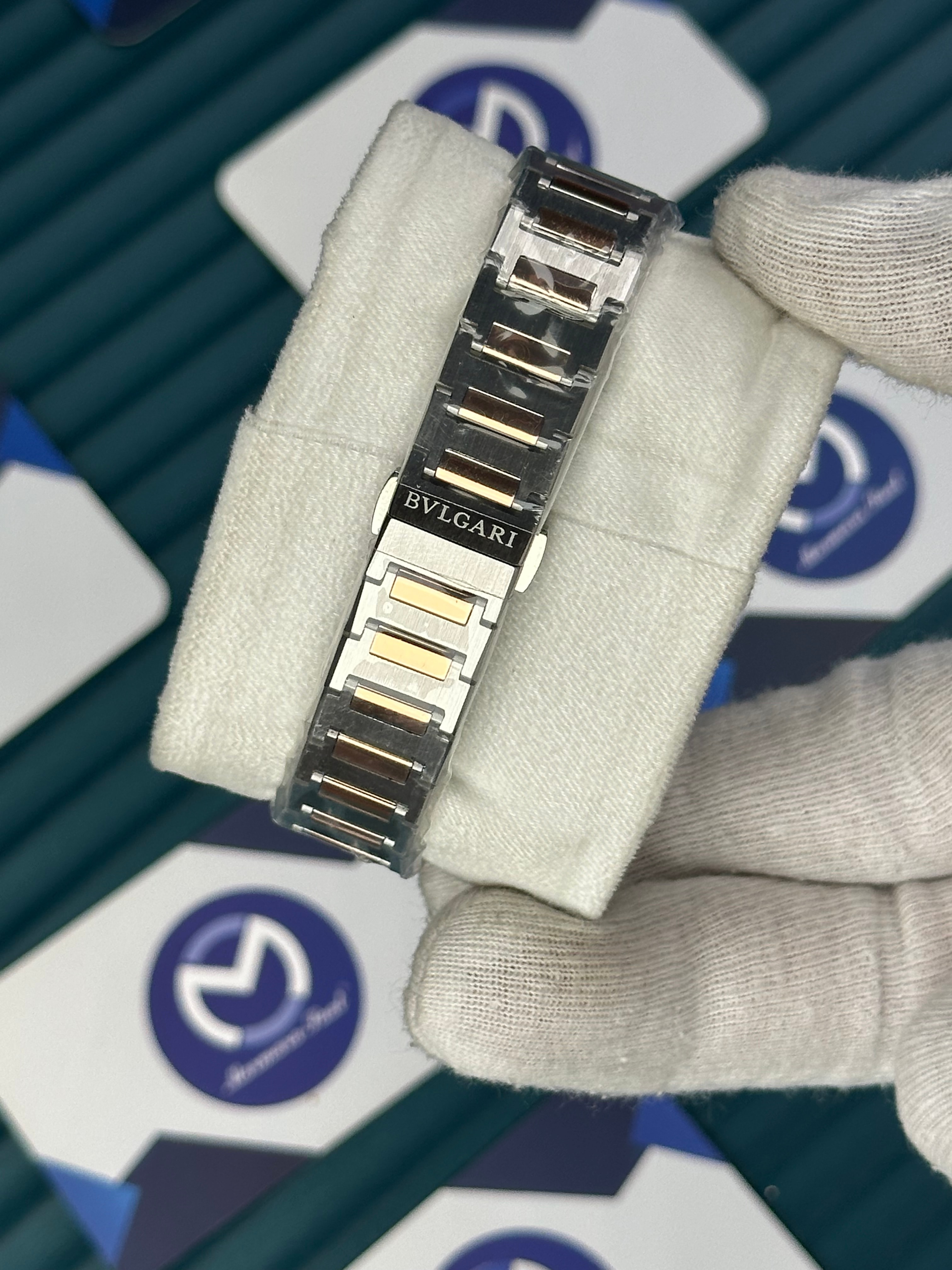 BVLGARI BLACK DIAL GOLD BEZEL DIAMOND INDEX GOLD-SILVER CORD