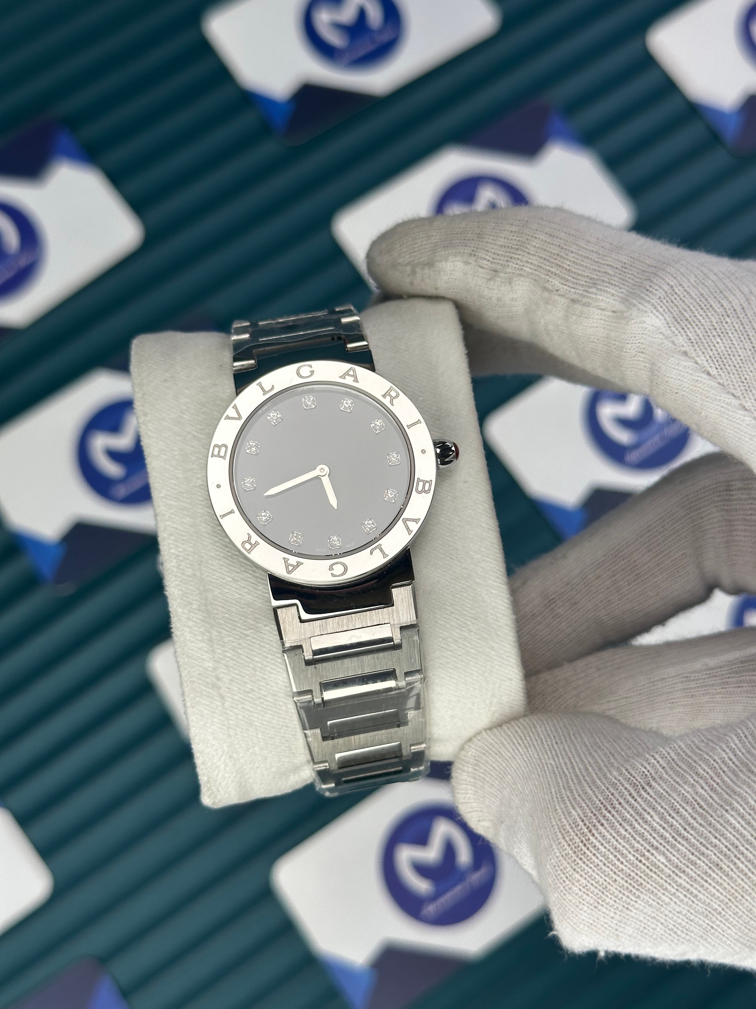 BVLGARI BLACK DIAL SILVER BEZEL DIAMOND INDEX SILVER CORD