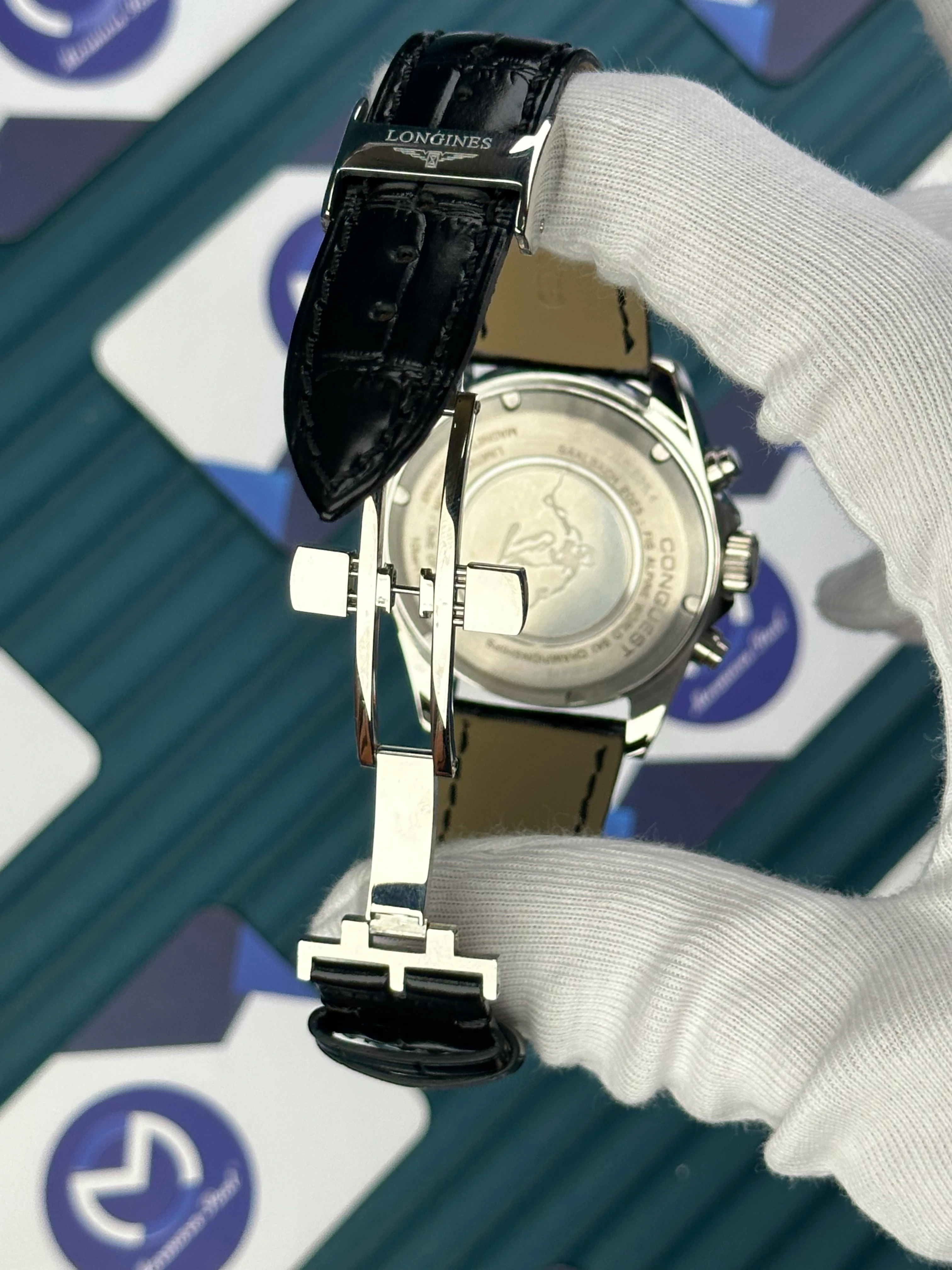 LONGINES CONQUEST AUTOMATIC WHITE DIAL GREEN CHRONOGRAPH BLACK LEATHER 