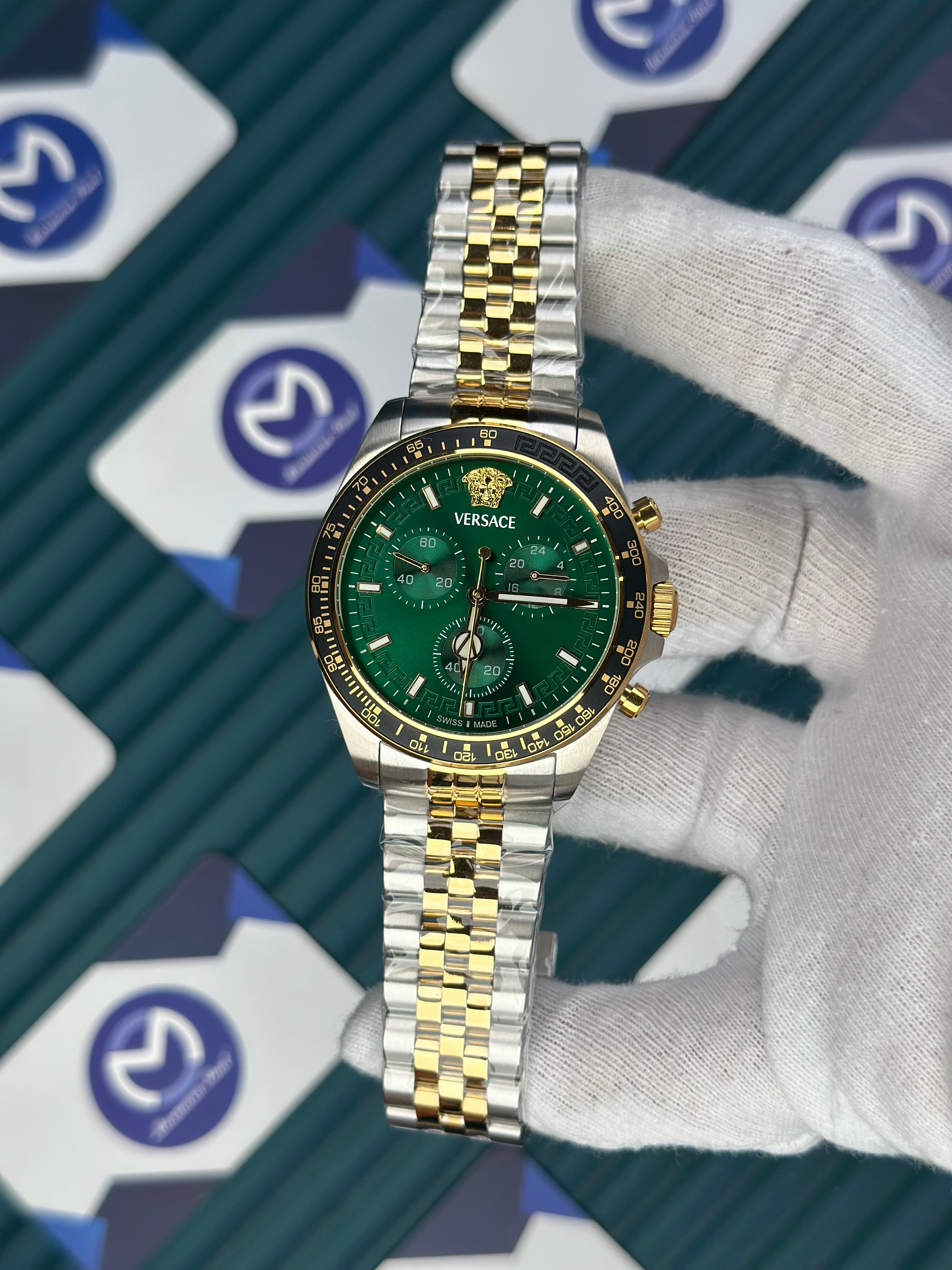 VERSACE NEW GREEN DIAL CHRONOGRAPH GOLD-SILVER JUBILE