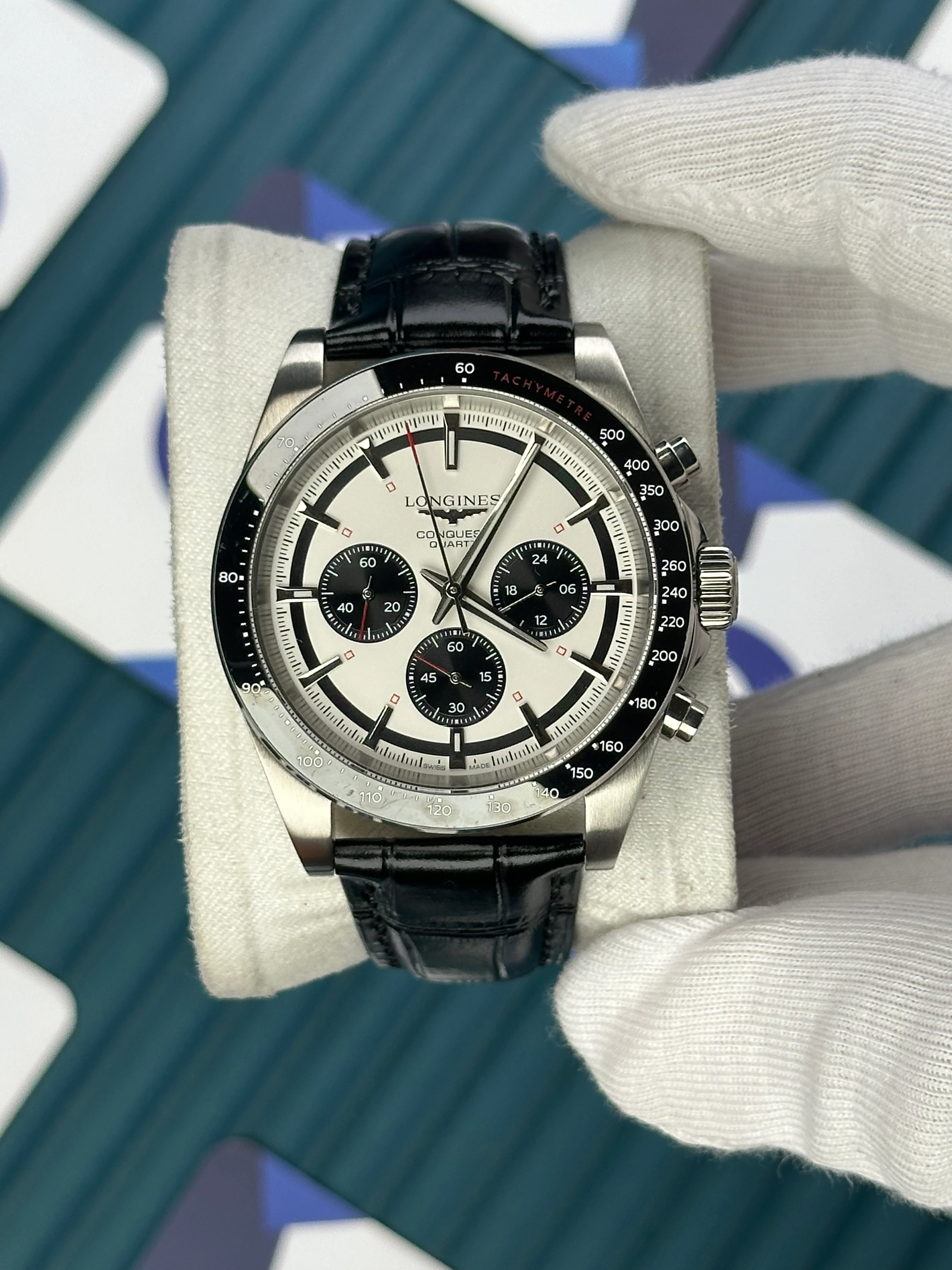 LONGINES CONQUEST AUTOMATIC WHITE DIAL BLACK CHRONOGRAPH BLACK LEATHER 