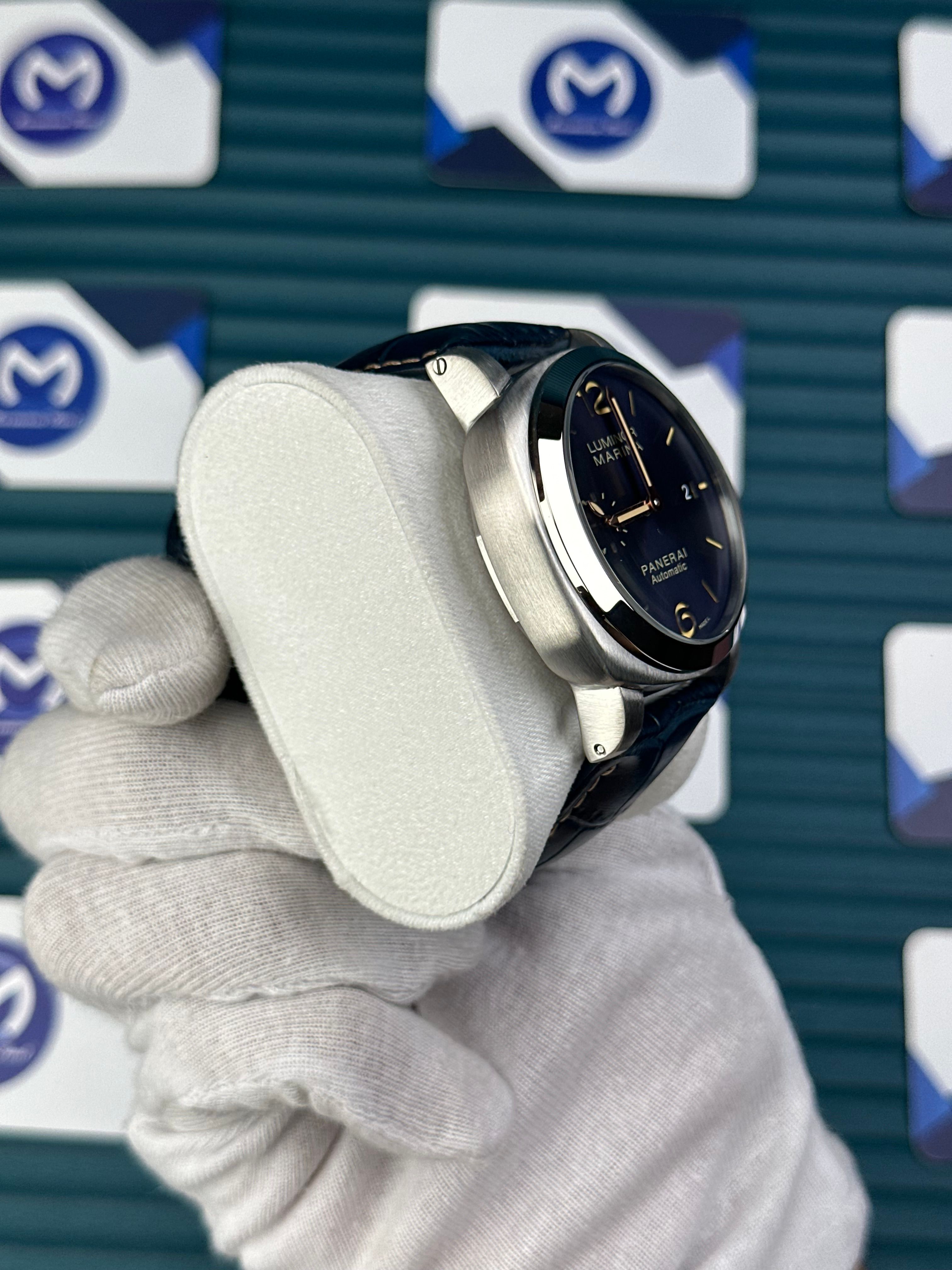 LUMINOR MARINA PANERAI SILVER CASE BLUE DIAL NAVY BLUE LEATHER CORD