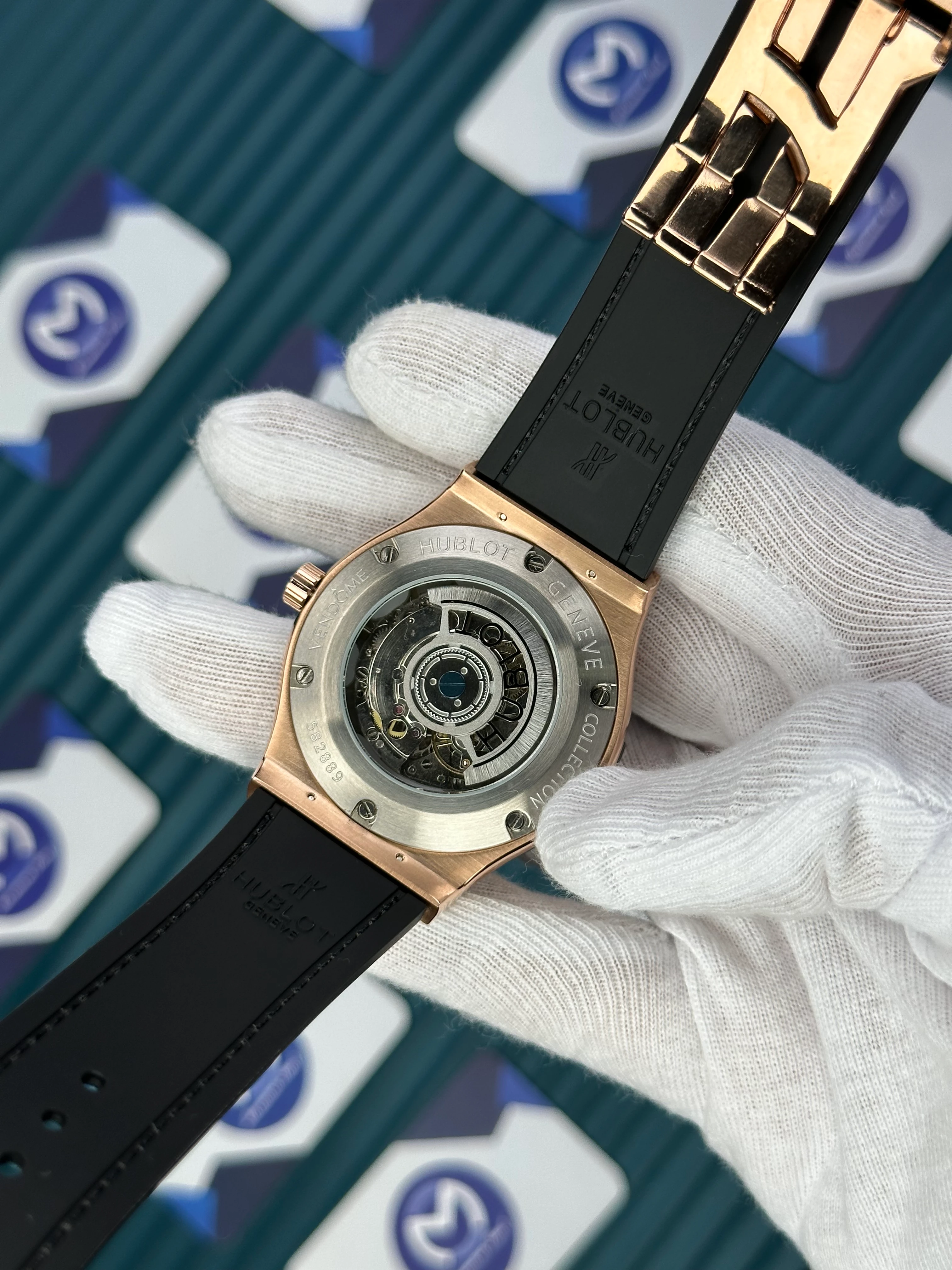 HUBLOT GENEVE AUTOMATIC VENDOME BLUE DIAL AND LEATHER CORD ROSE CASE