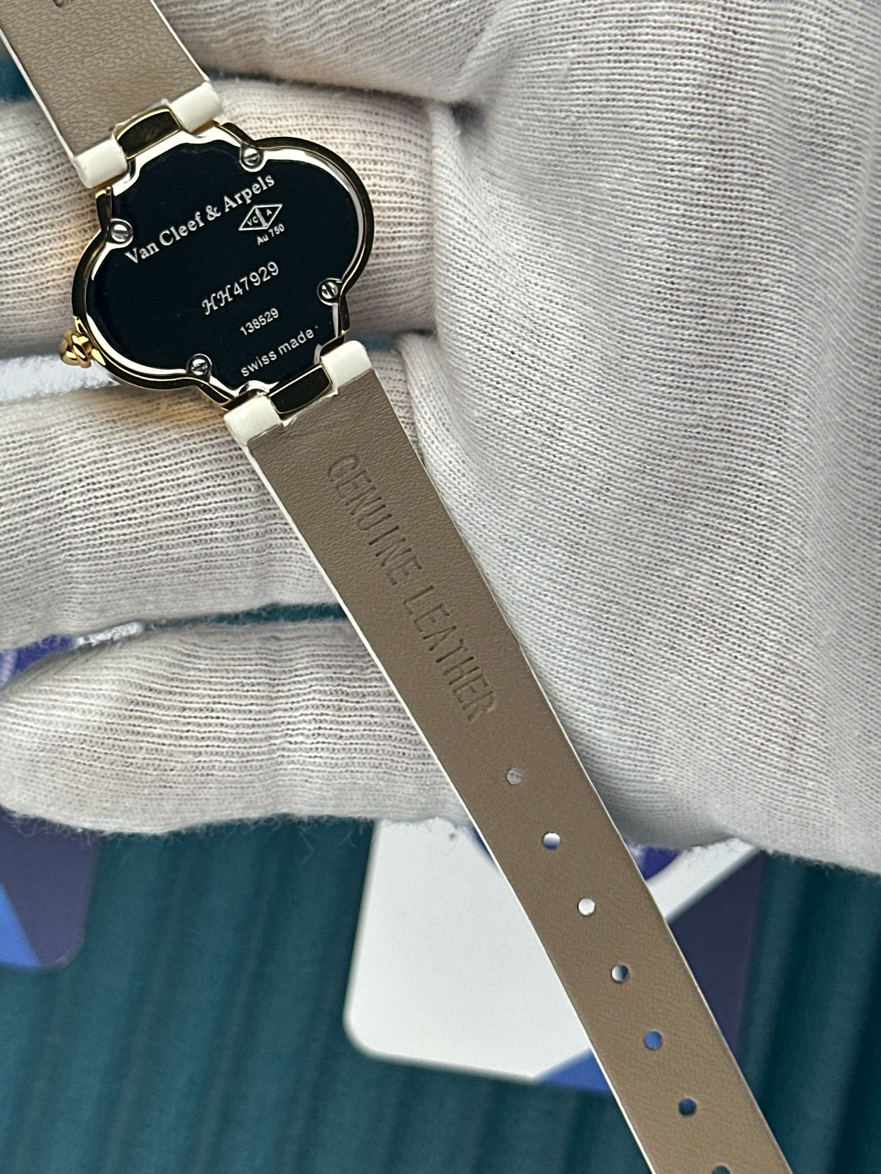 VAN CLEEF & ARPELS WHITE DIAL DIAMOND BEZEL GOLD CASE WHITE LEATHER CORD
