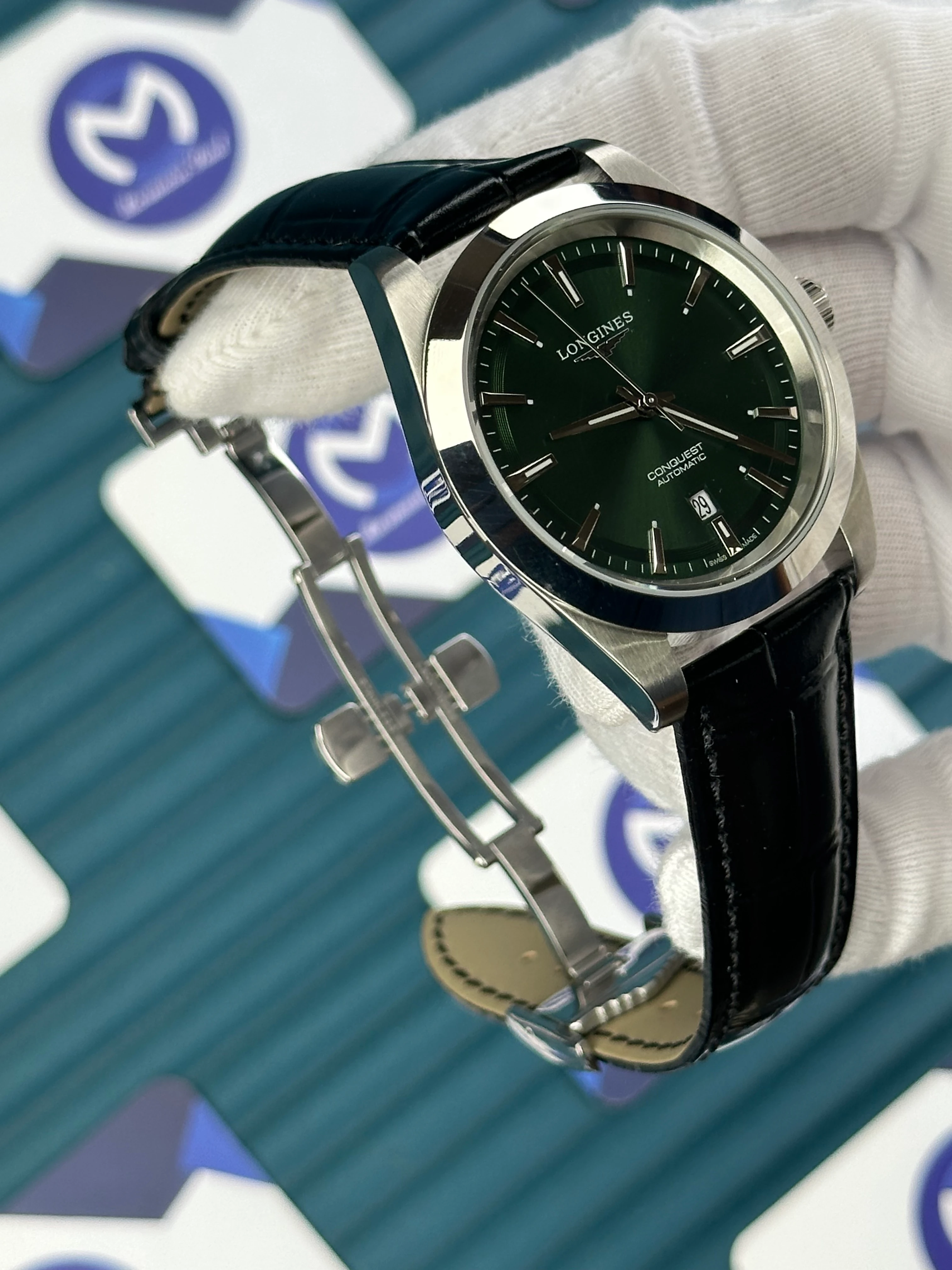 LONGINES CONQUEST AUTOMATIC GREEN DIAL SILVER CASE BLACK LEATHER 