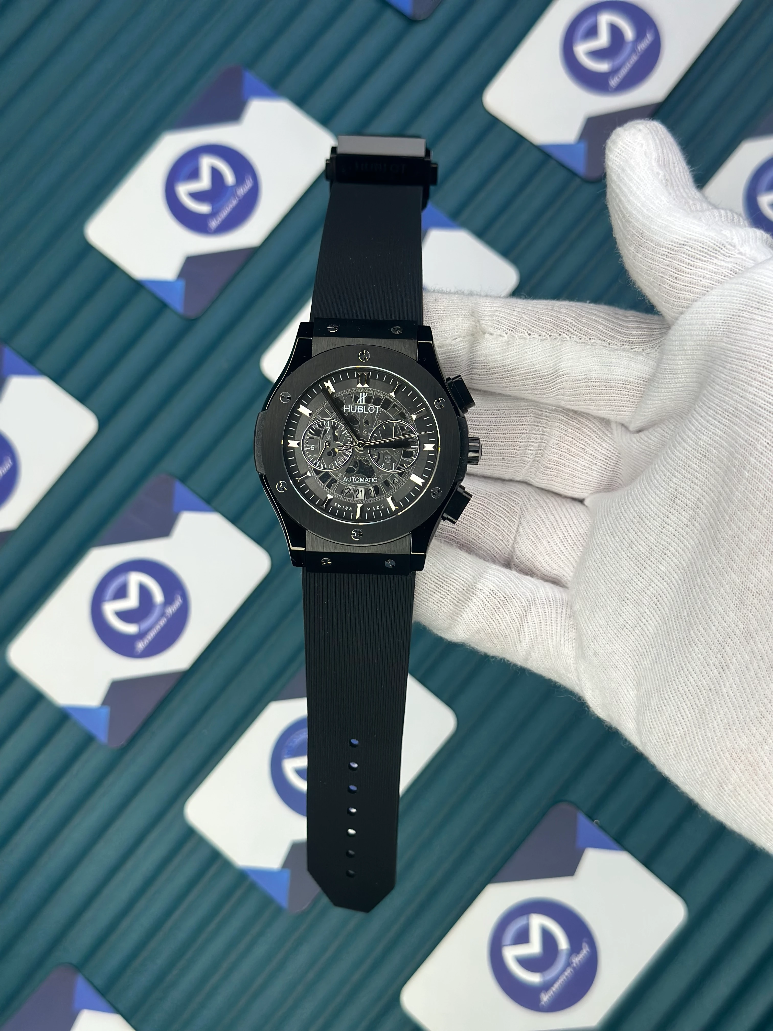 HUBLOT AUTOMATIC BLACK SKELETON RUBBER 