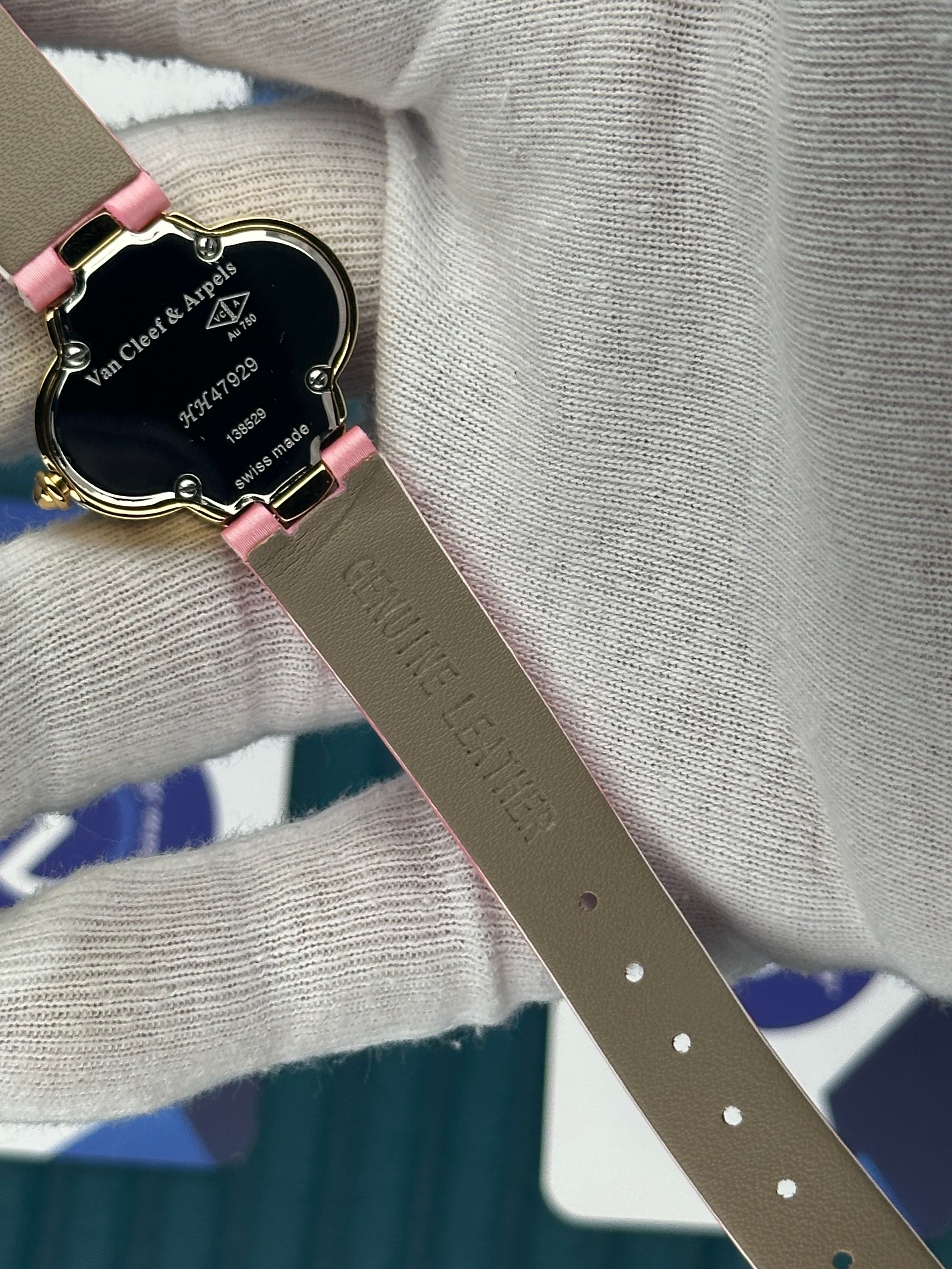 VAN CLEEF & ARPELS WHITE DIAL DIAMOND BEZEL GOLD CASE PINK LEATHER CORD