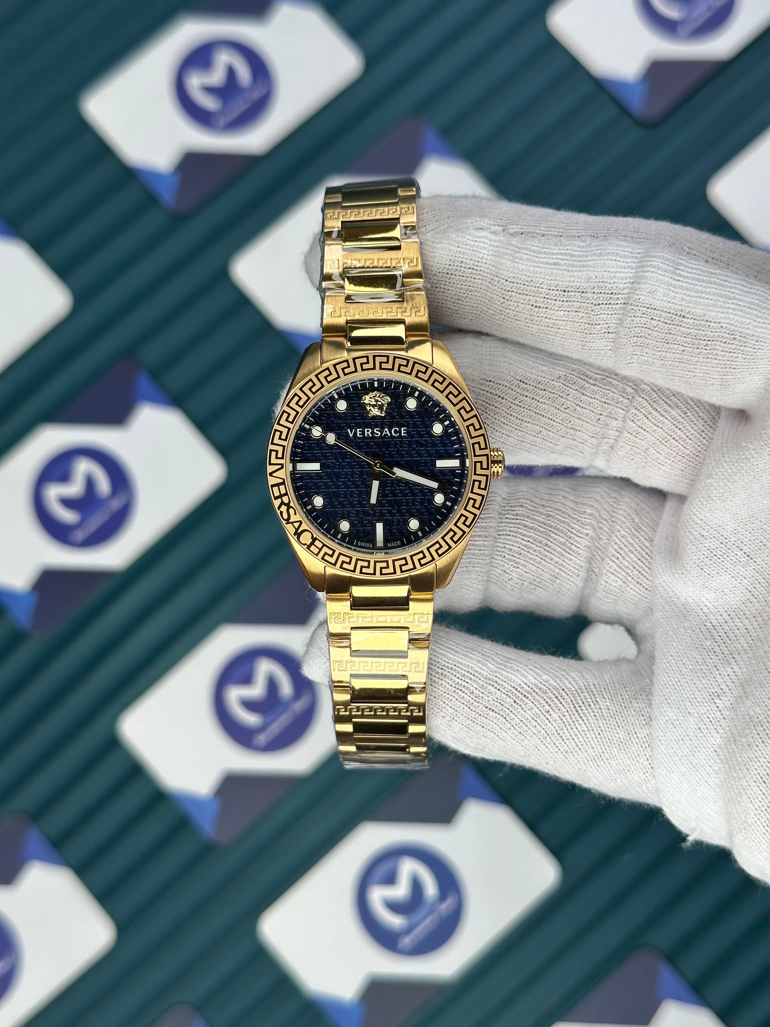 VERSACE 36 MOZAIK BLUE DIAL GOLD CORD 