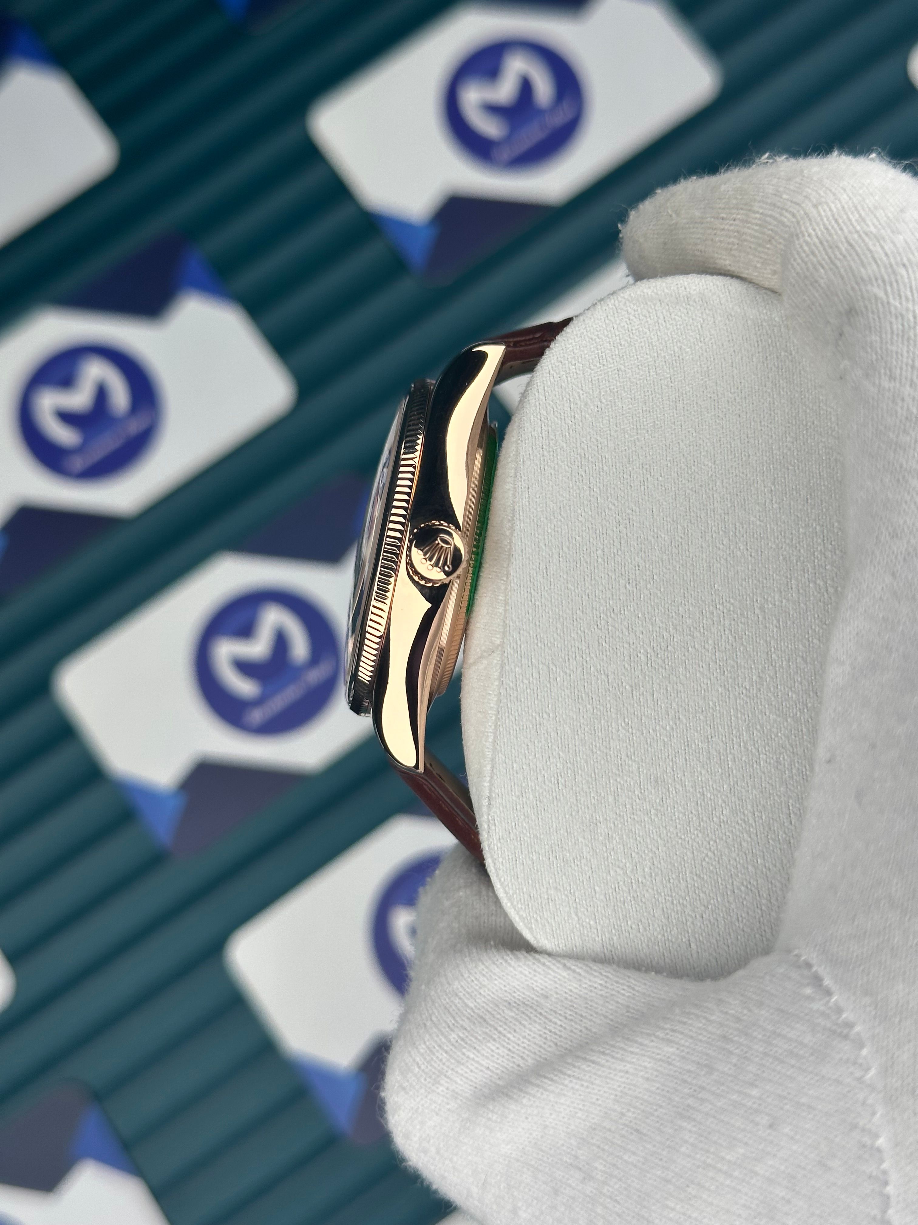 Rolex Cellini Rose Kasa Fonksiyonlu Beyaz Kadran Kahverengi Deri Kordon