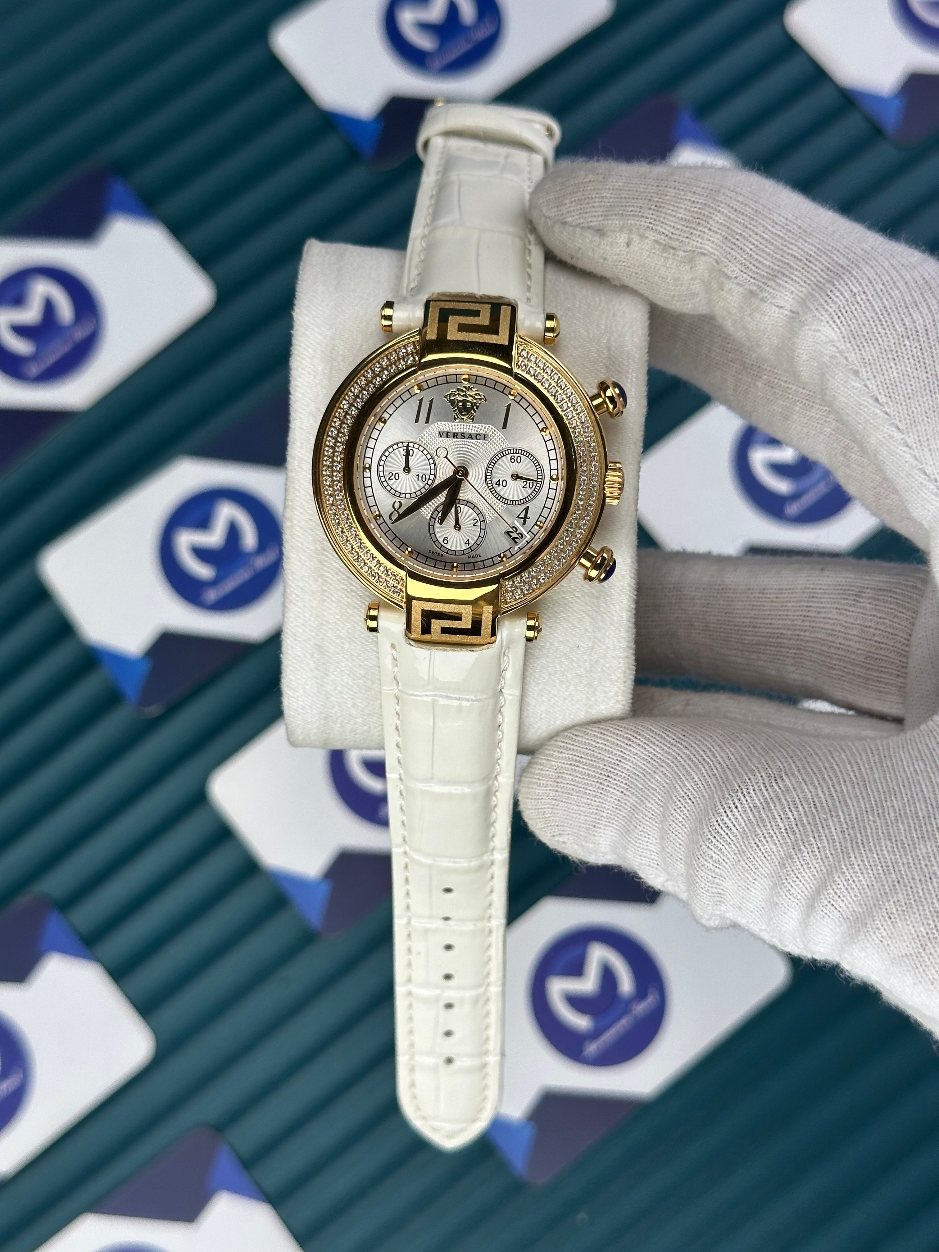 VERSACE 38 WHITE DIAL GOLD CASE DIAMOND BEZEL CHRONOGRAPH WHITE LEATHER CORD