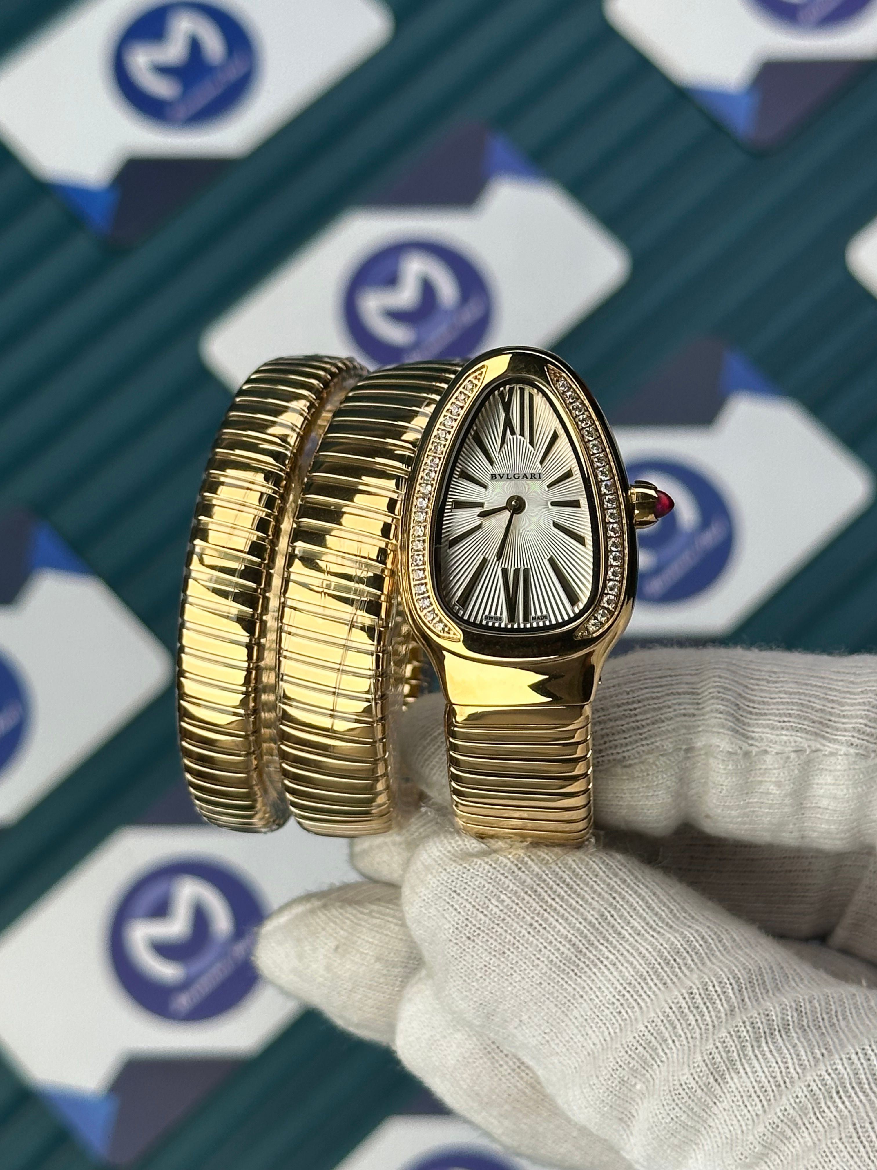 BVLGARI SERPENTI WHITE DIAL DIAMOND BEZEL GOLD LONG TUBOGAS