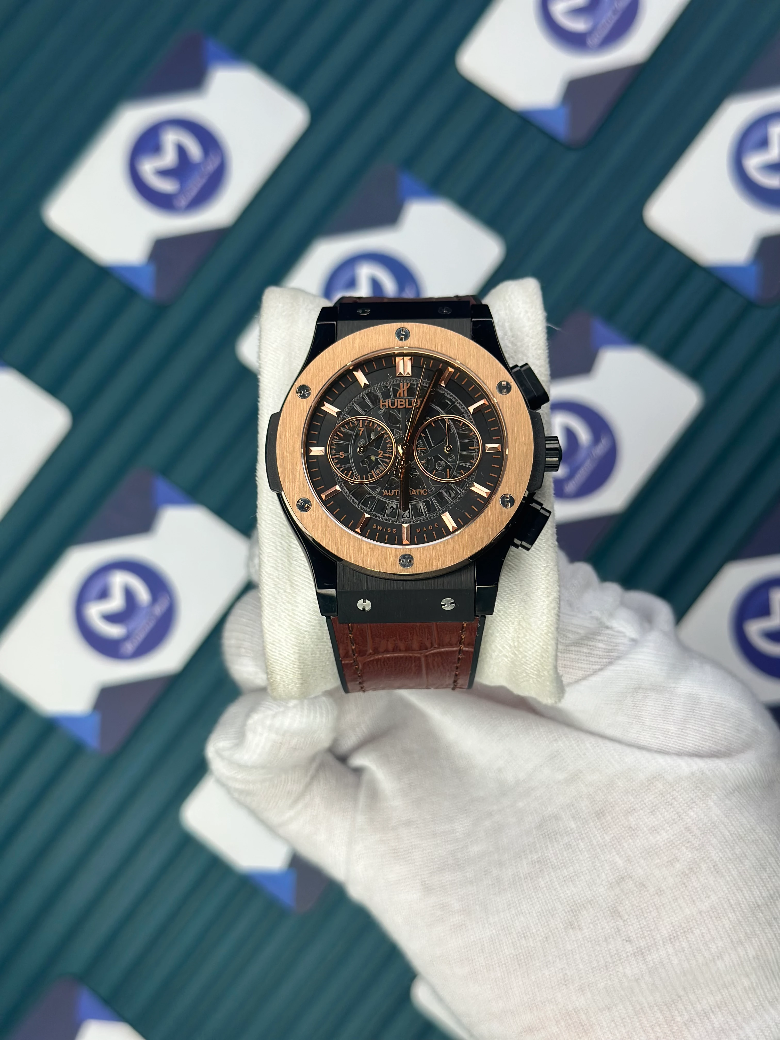 HUBLOT AUTOMATIC CHRONOGRAP SKELETON ROSE BEZEL BLACK CASE BROWN LEATHER CORD