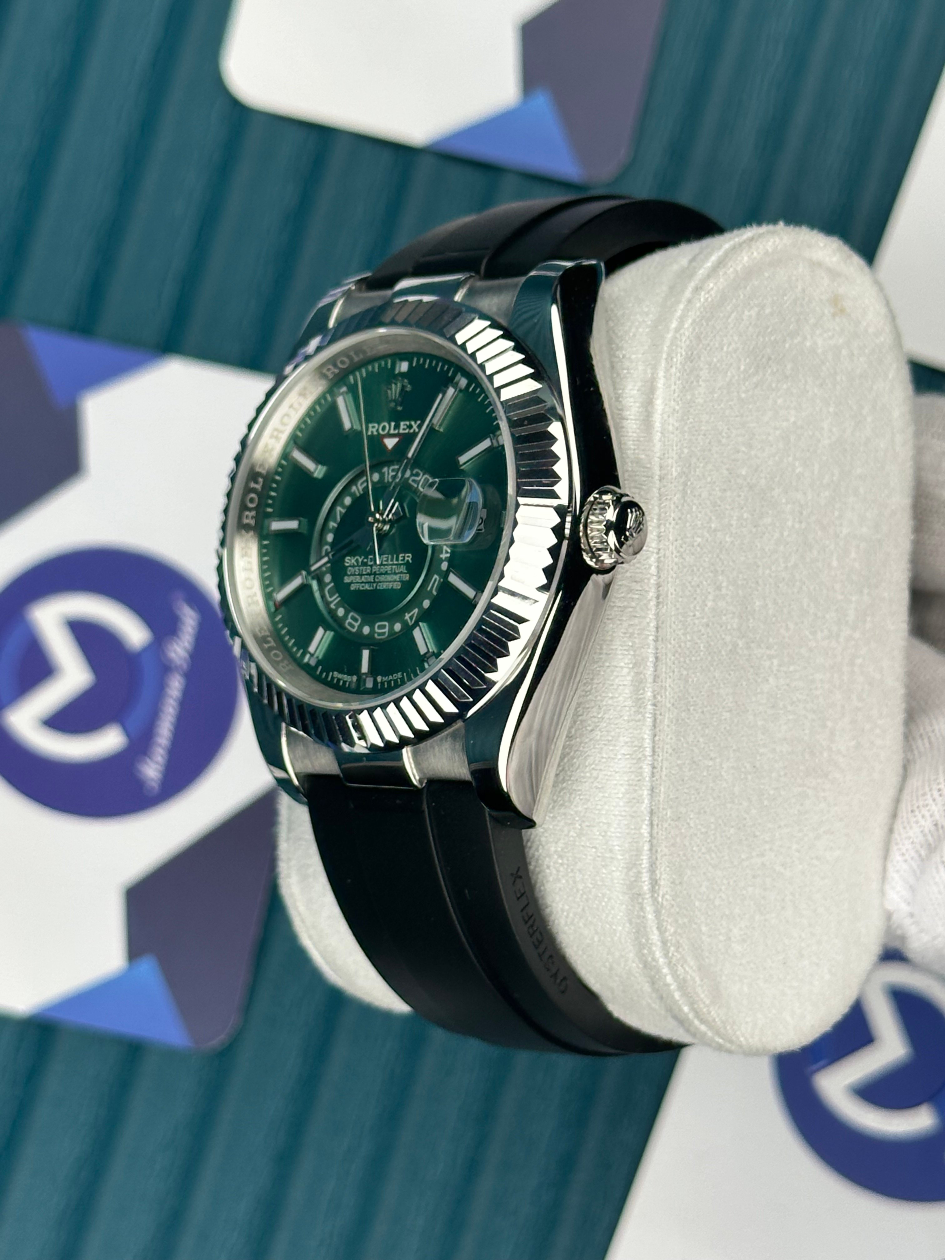 ROLEX SKY-DWELLER GREEN DIAL BLACK OYSTERFLEX