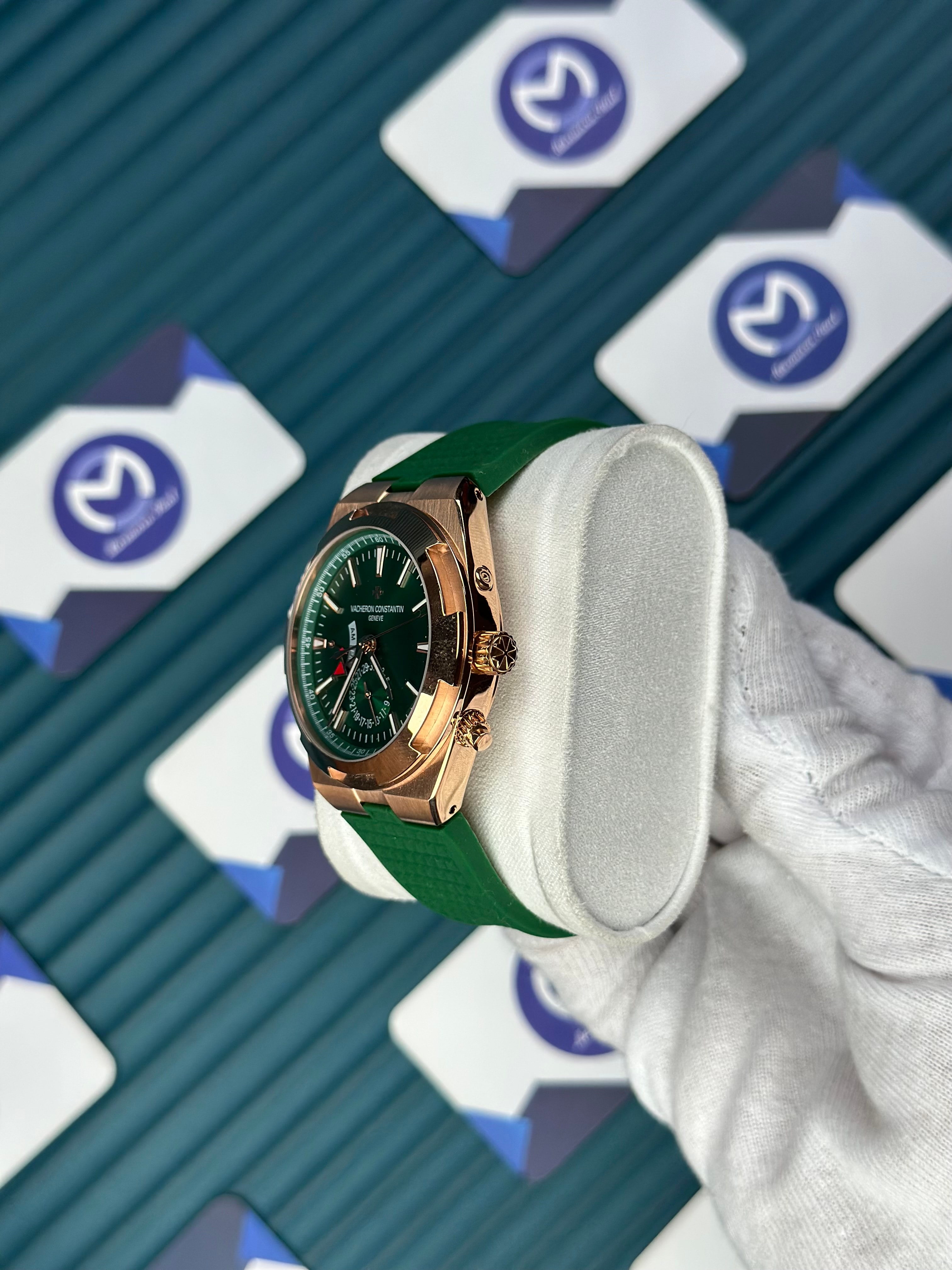 VACHERON CONSTANTIN GREEN DIAL ROSE CASE DUAL TIME OVERSEAS GREEN RUBBER