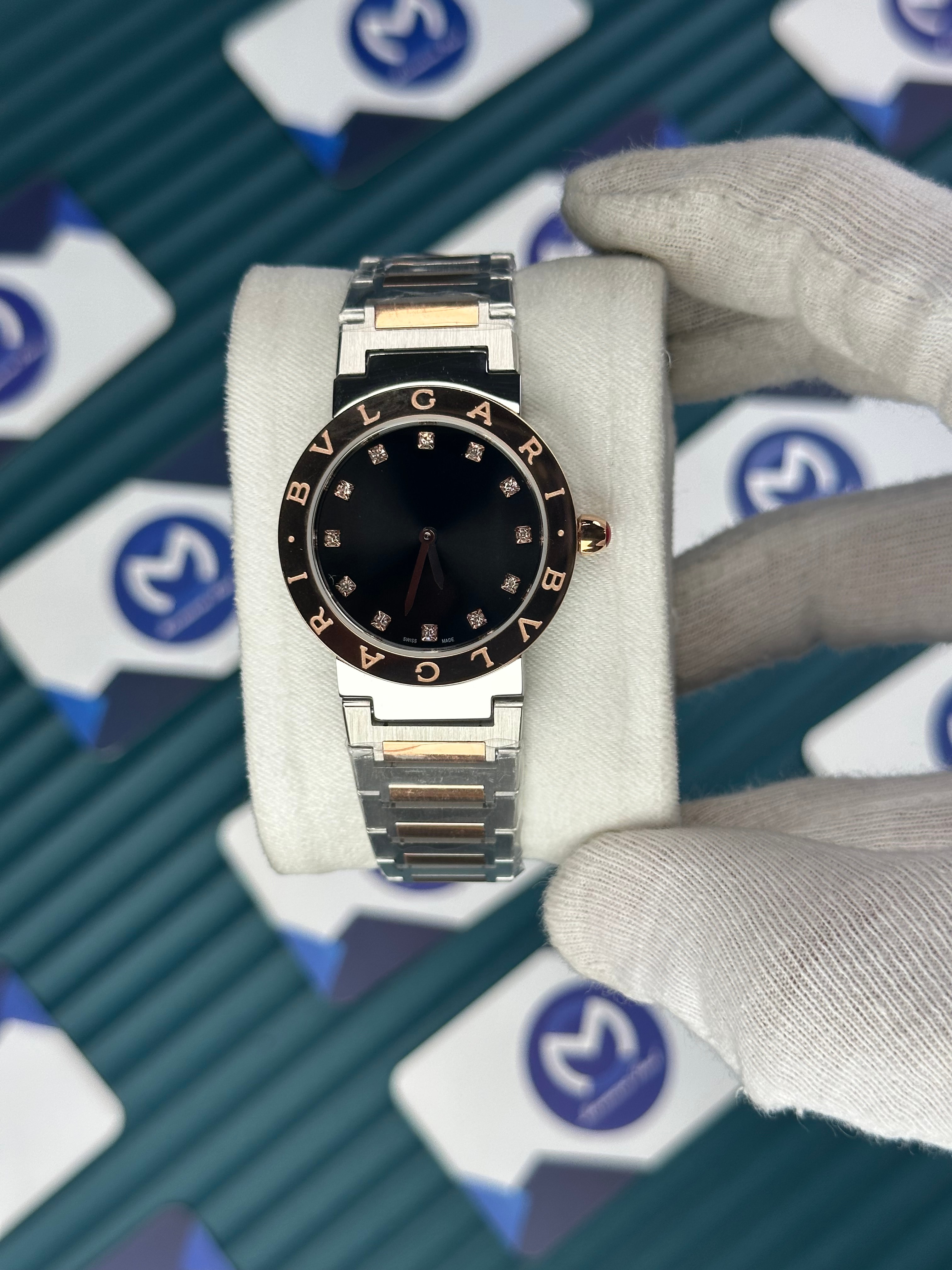 BVLGARI BLACK DIAL GOLD BEZEL DIAMOND INDEX GOLD-SILVER CORD