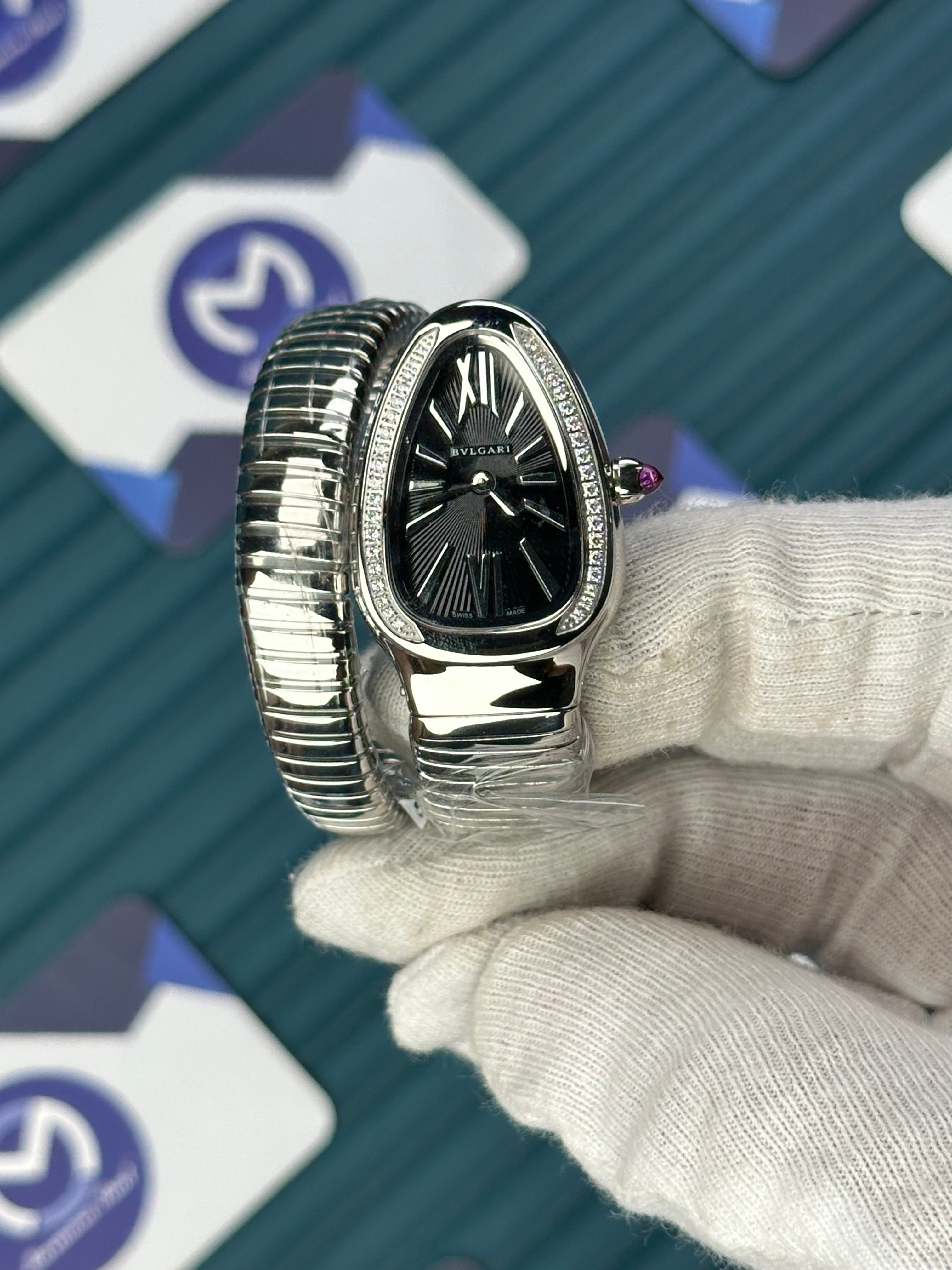 BVLGARI SERPENTI BLACK DIAL DIAMOND BEZEL SILVER SHORT TUBOGAS