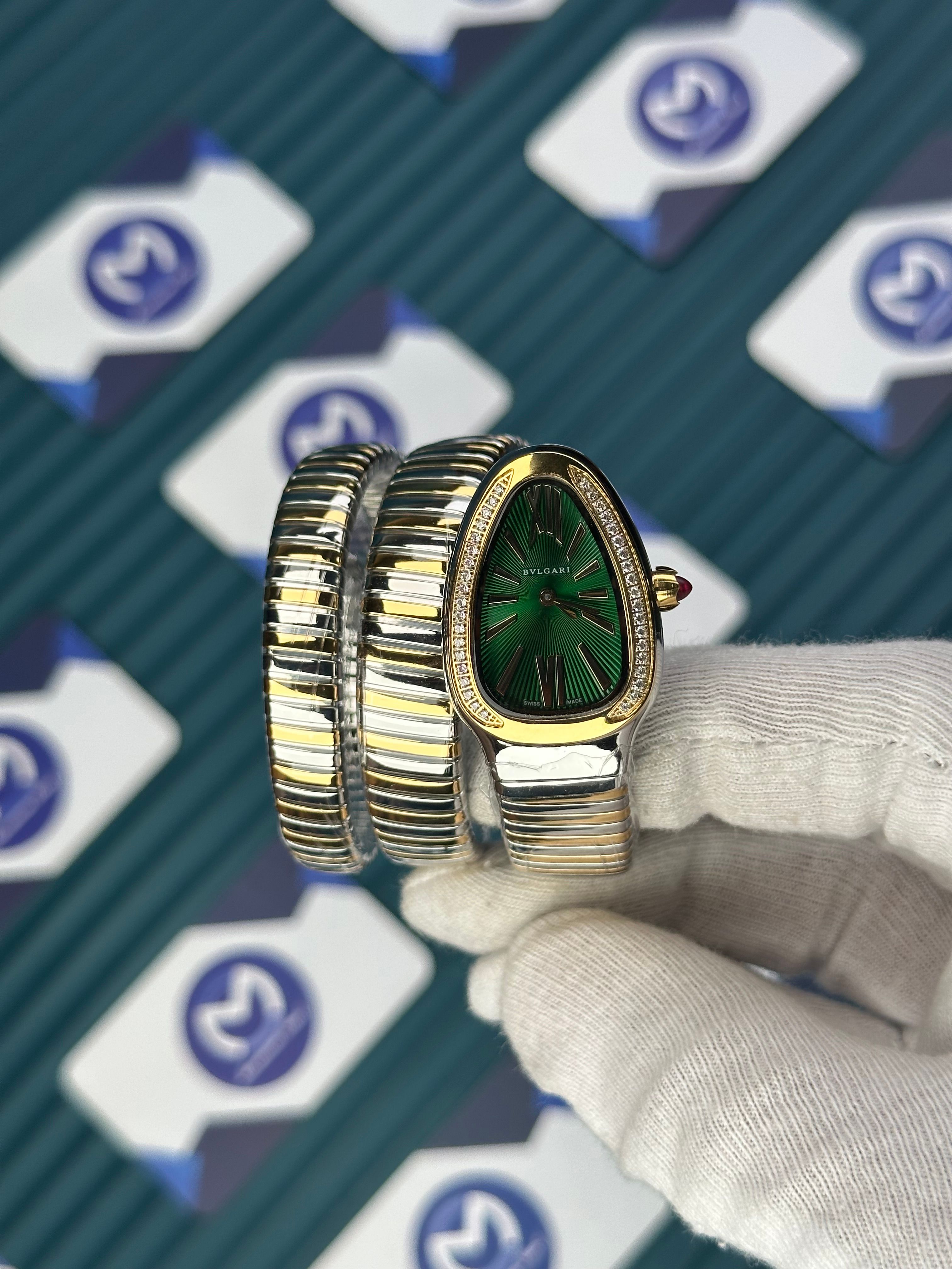 BVLGARI SERPENTI GREEN DIAL DIAMOND BEZEL GOLD-SILVER LONG TUBOGAS
