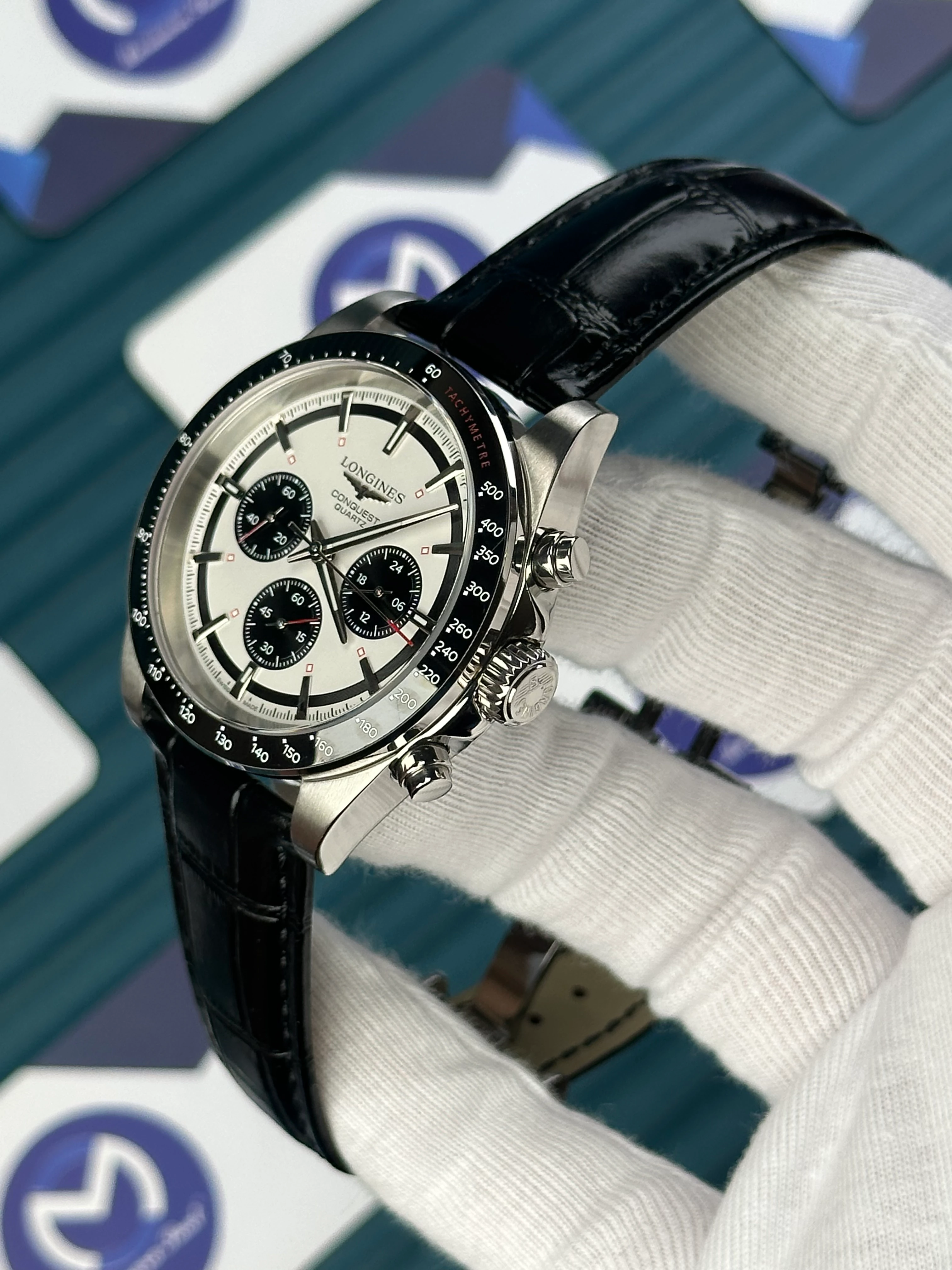 LONGINES CONQUEST AUTOMATIC WHITE DIAL BLACK CHRONOGRAPH BLACK LEATHER 