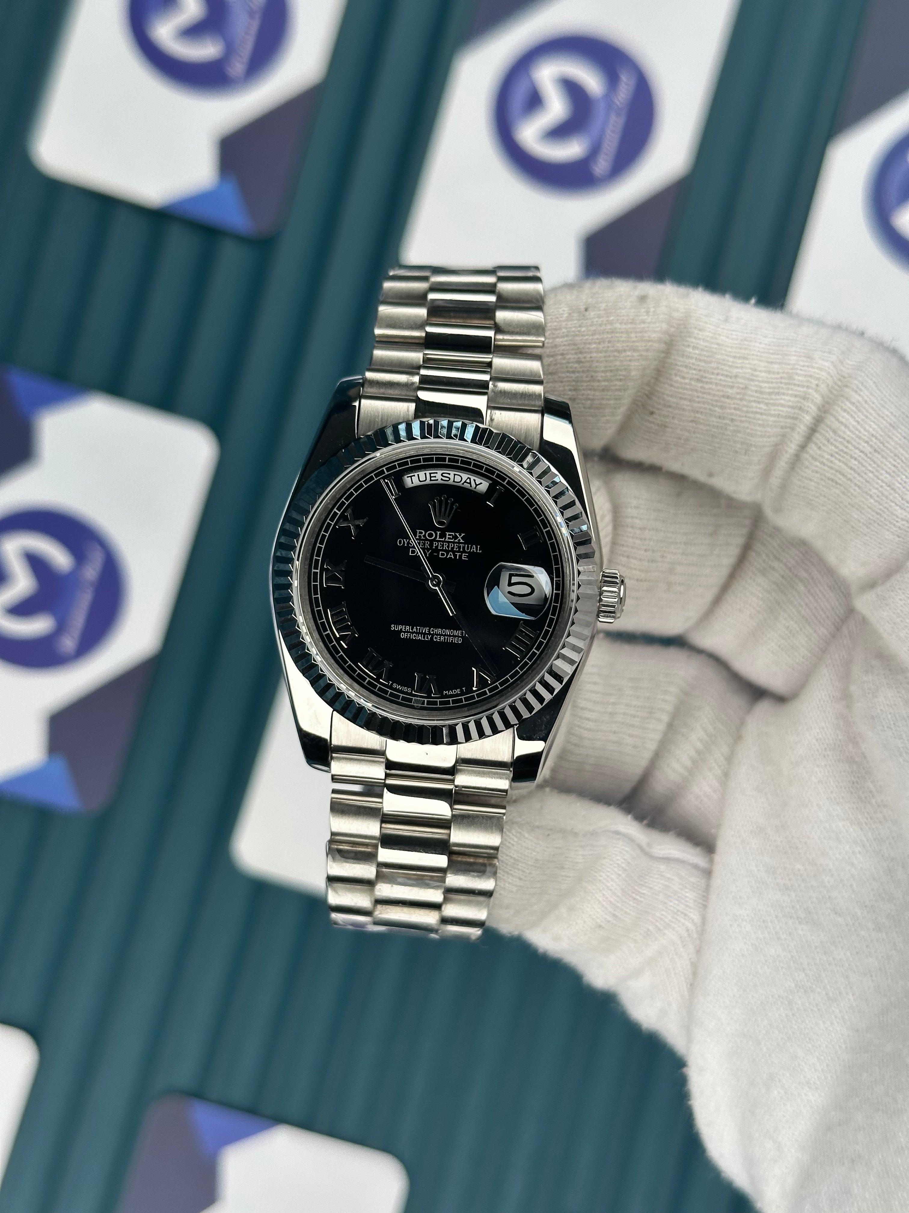 ROLEX 36 DAYDATE BLACK ROMA DIAL SILVER PRESIDENT