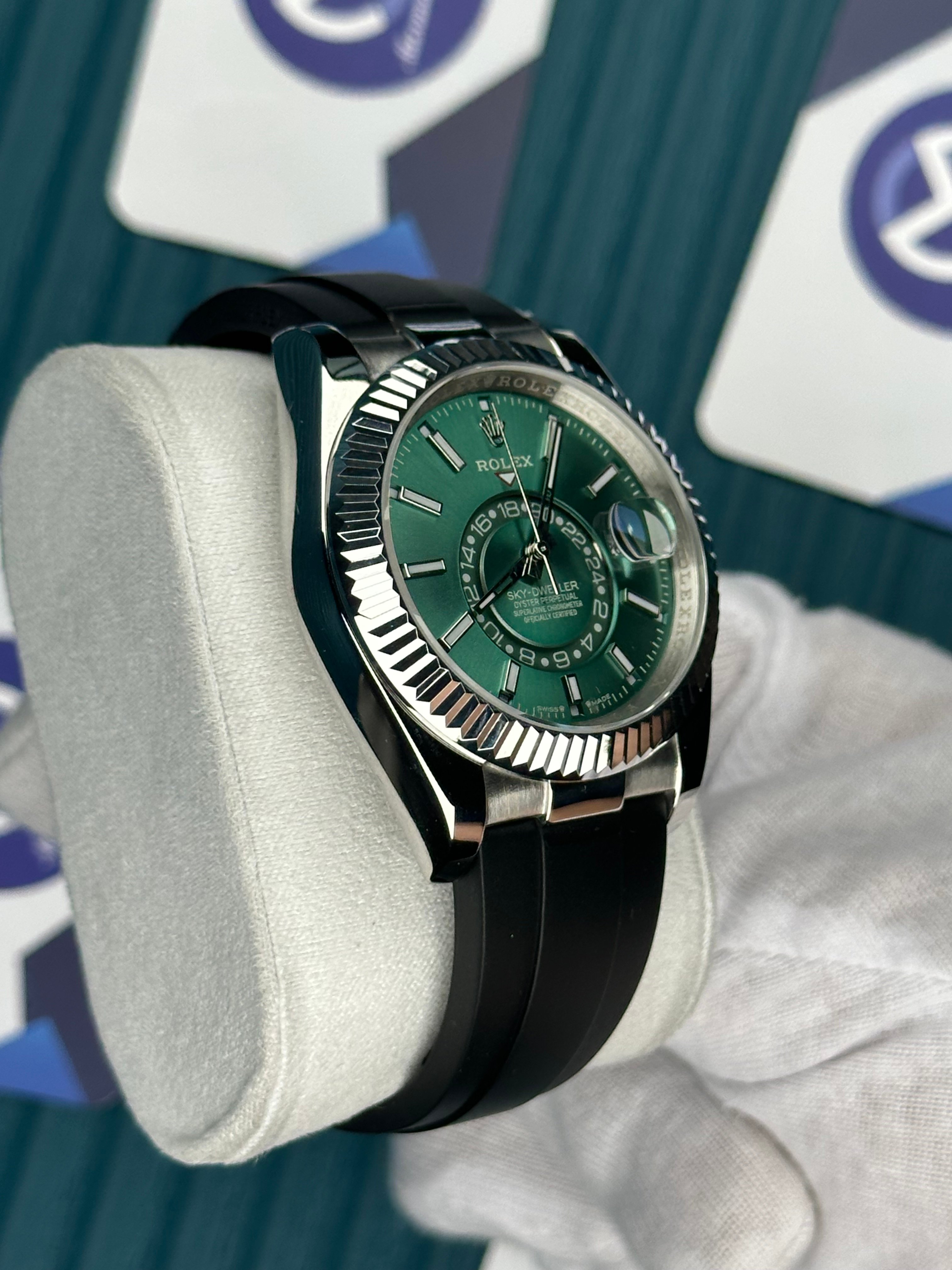 ROLEX SKY-DWELLER GREEN DIAL BLACK OYSTERFLEX