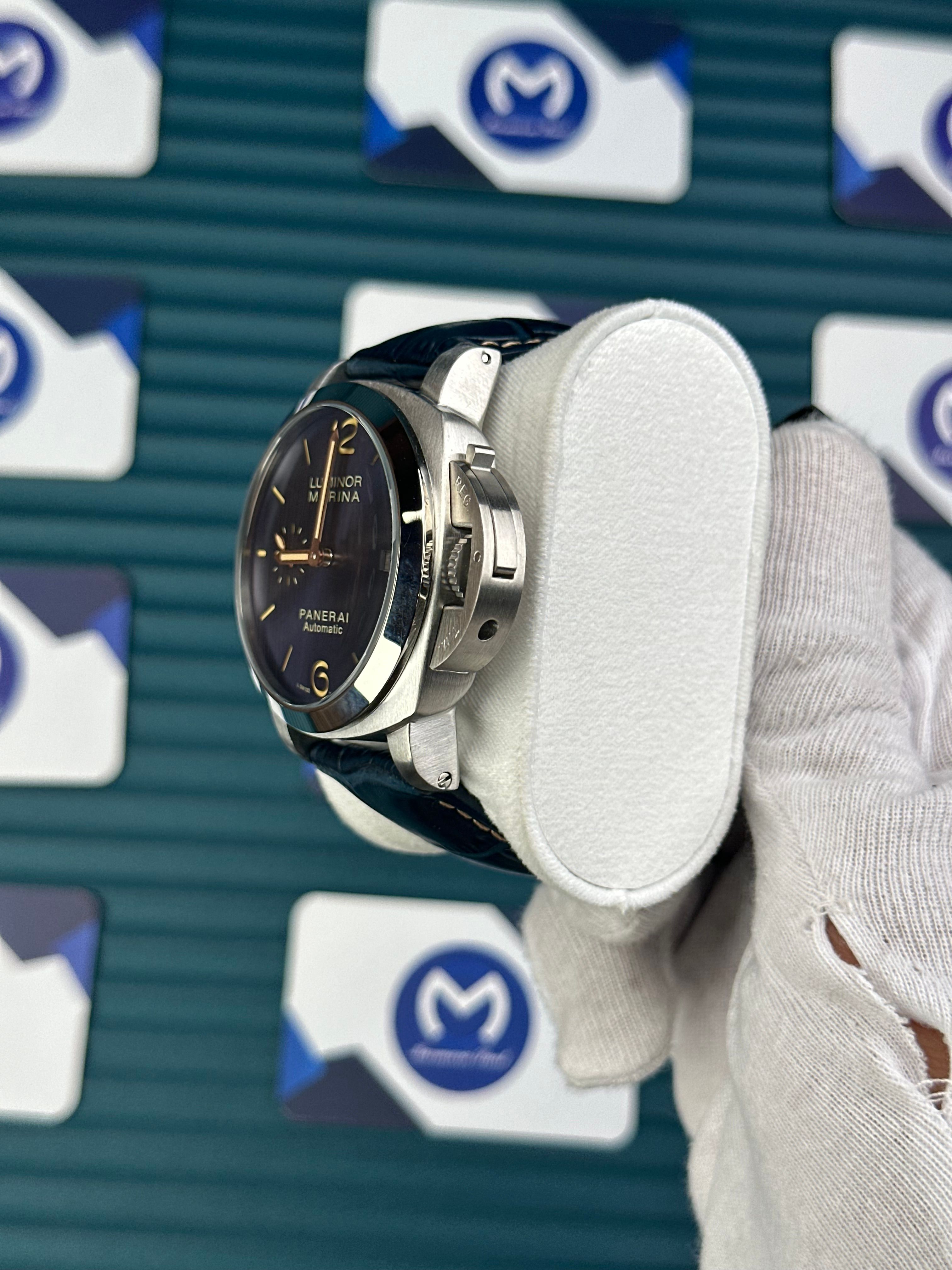 LUMINOR MARINA PANERAI SILVER CASE BLUE DIAL NAVY BLUE LEATHER CORD