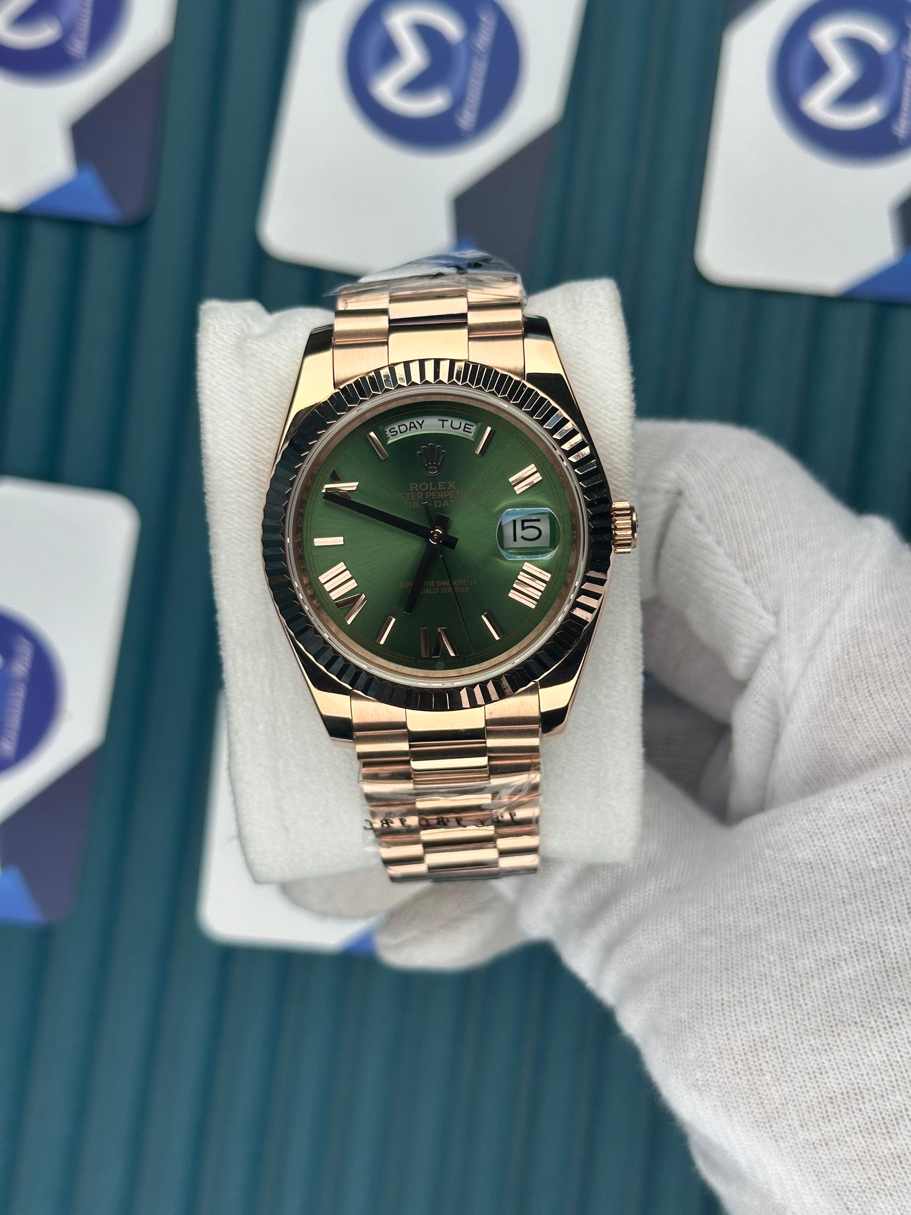 ROLEX DAY-DATE GREEN DIAL ROMA INDEX ROSE PRESIDENT