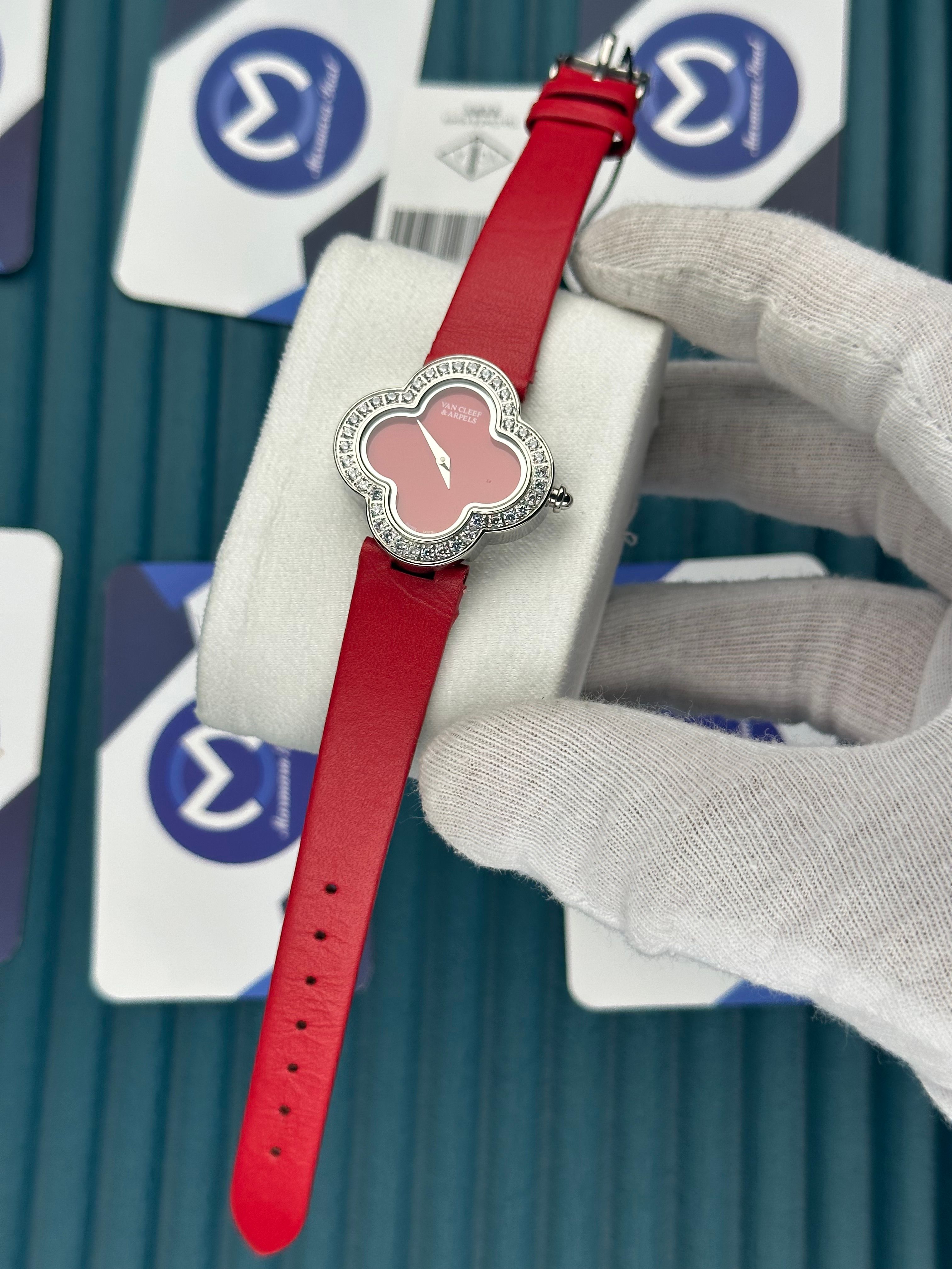 VAN CLEEF & ARPELS RED DIAL DIAMOND BEZEL SILVER CASE RED LEATHER CORD