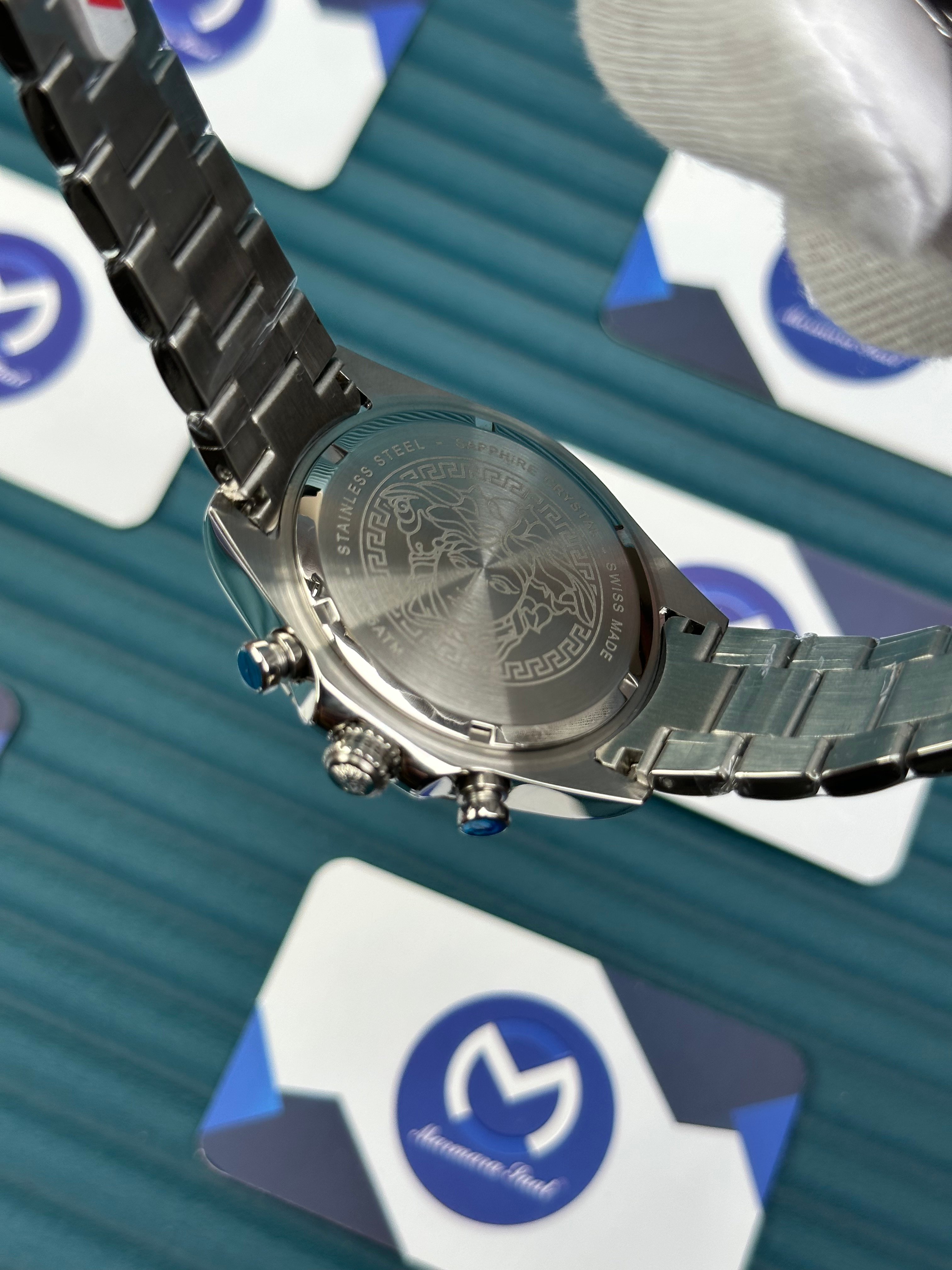 VERSACE BLUE DIAL CHRONOMOMETER SILVER BEZEL AND CORD NEW SEASON