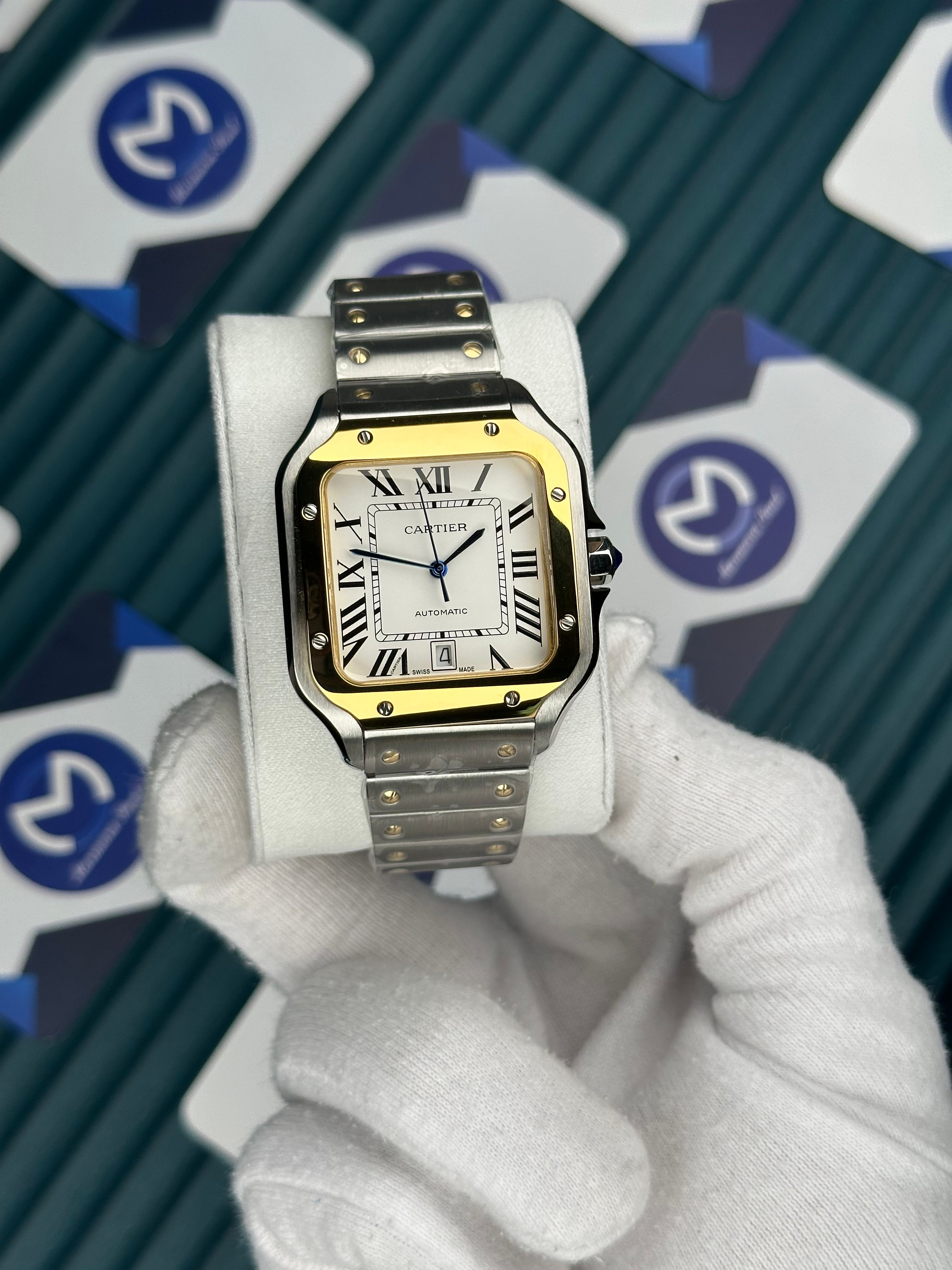 Cartier Santos Gold Bezel Beyaz Kadran
