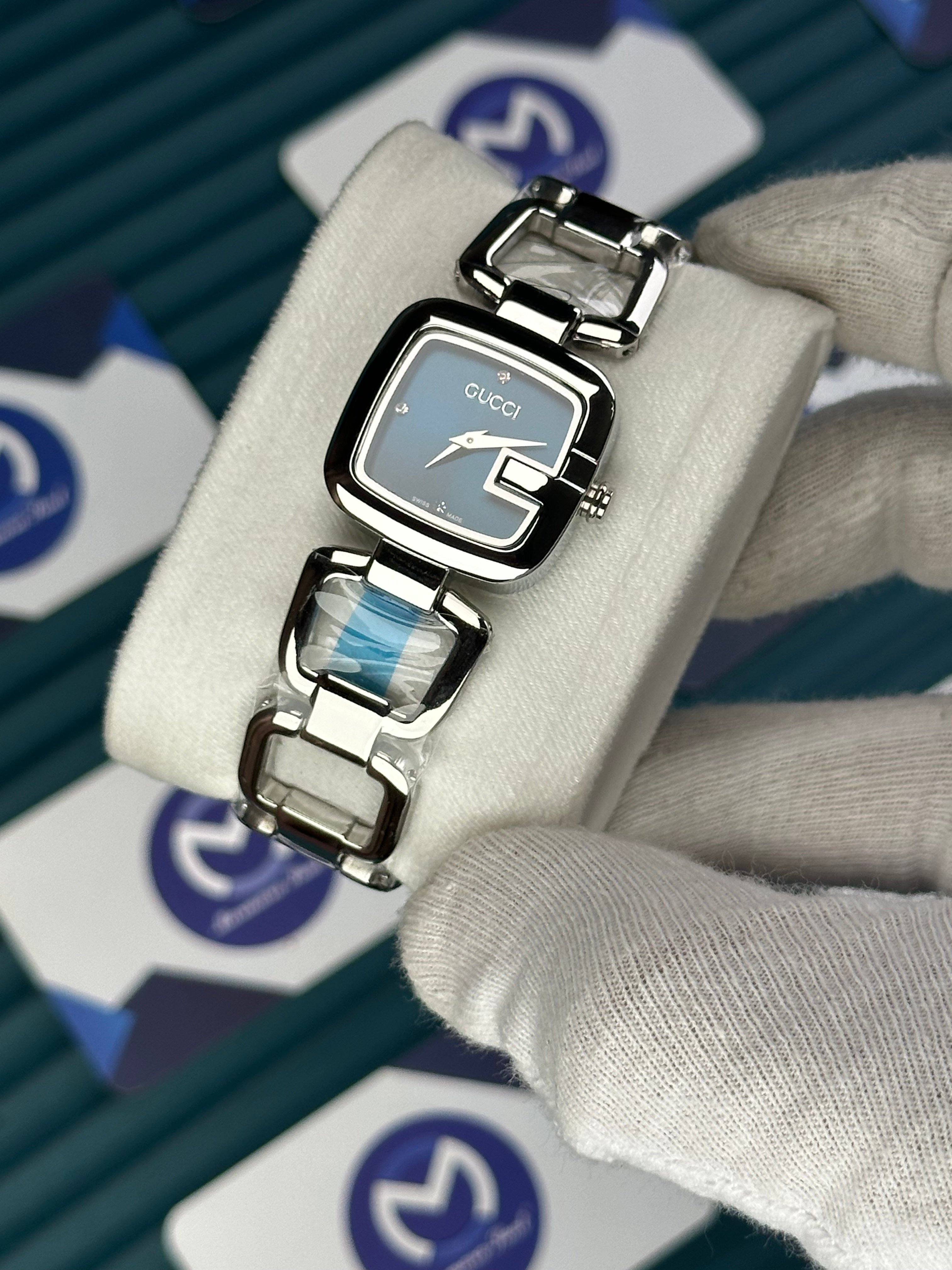 GUCCI WOMAN RING BRACELET BLUE DIAL DIAMOND INDEX SILVER CORD
