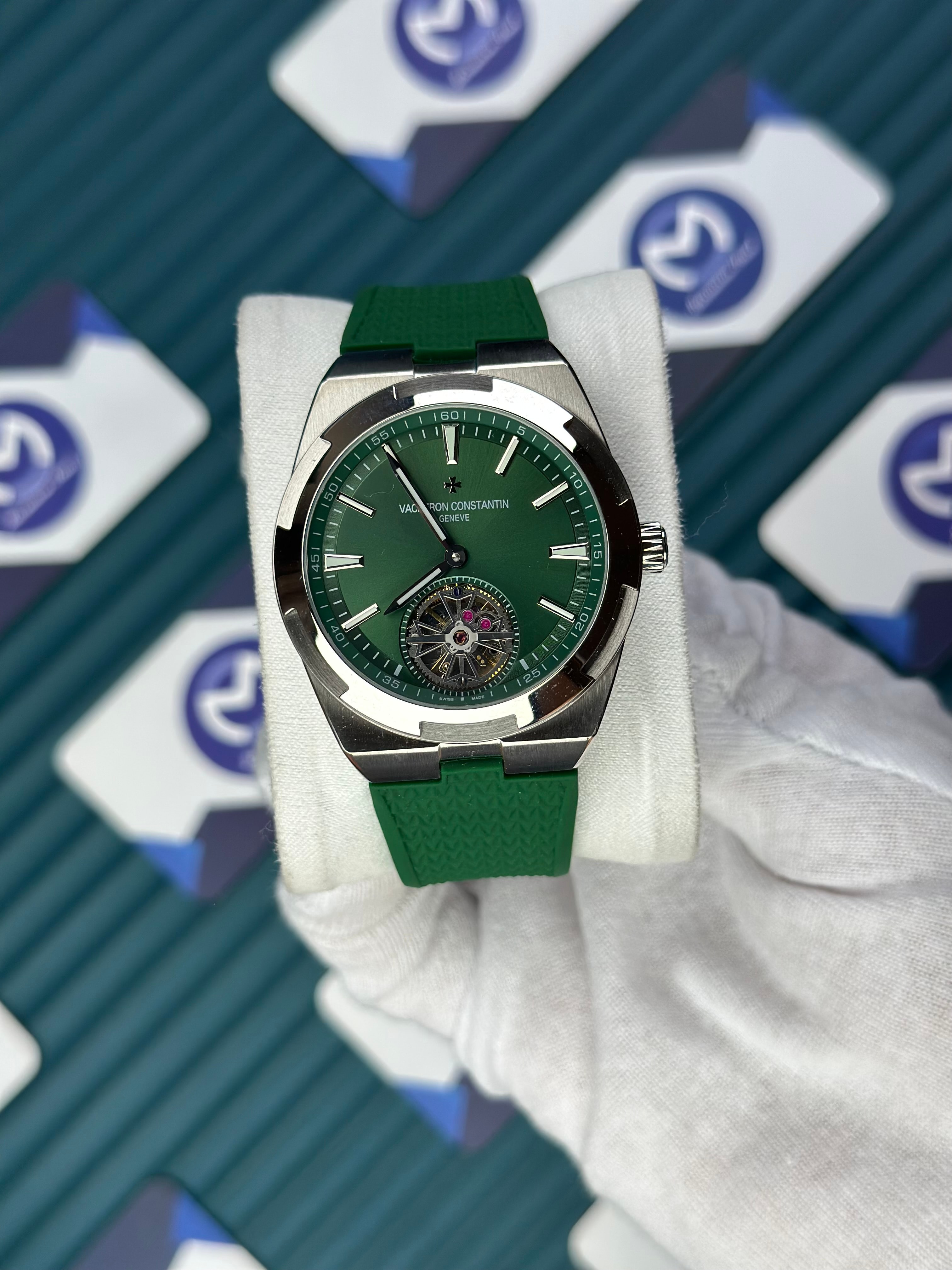 VACHERON CONSTANTIN GREEN DIAL SILVER CASE TOURBILLON OVERSEAS GREEN RUBBER