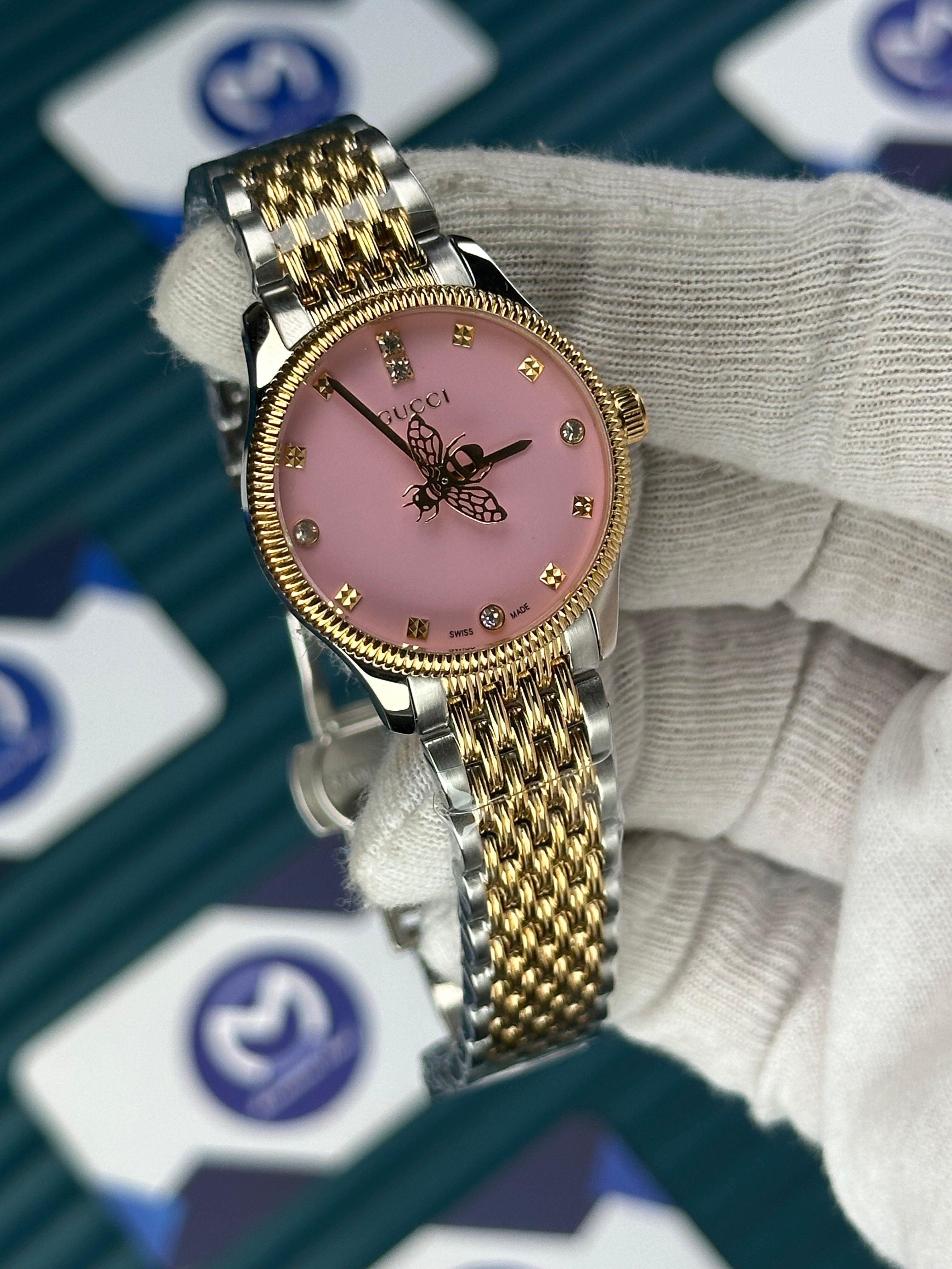 GUCCI PINK DIAL SPINNING BUTTERFLY GOLD-SILVER