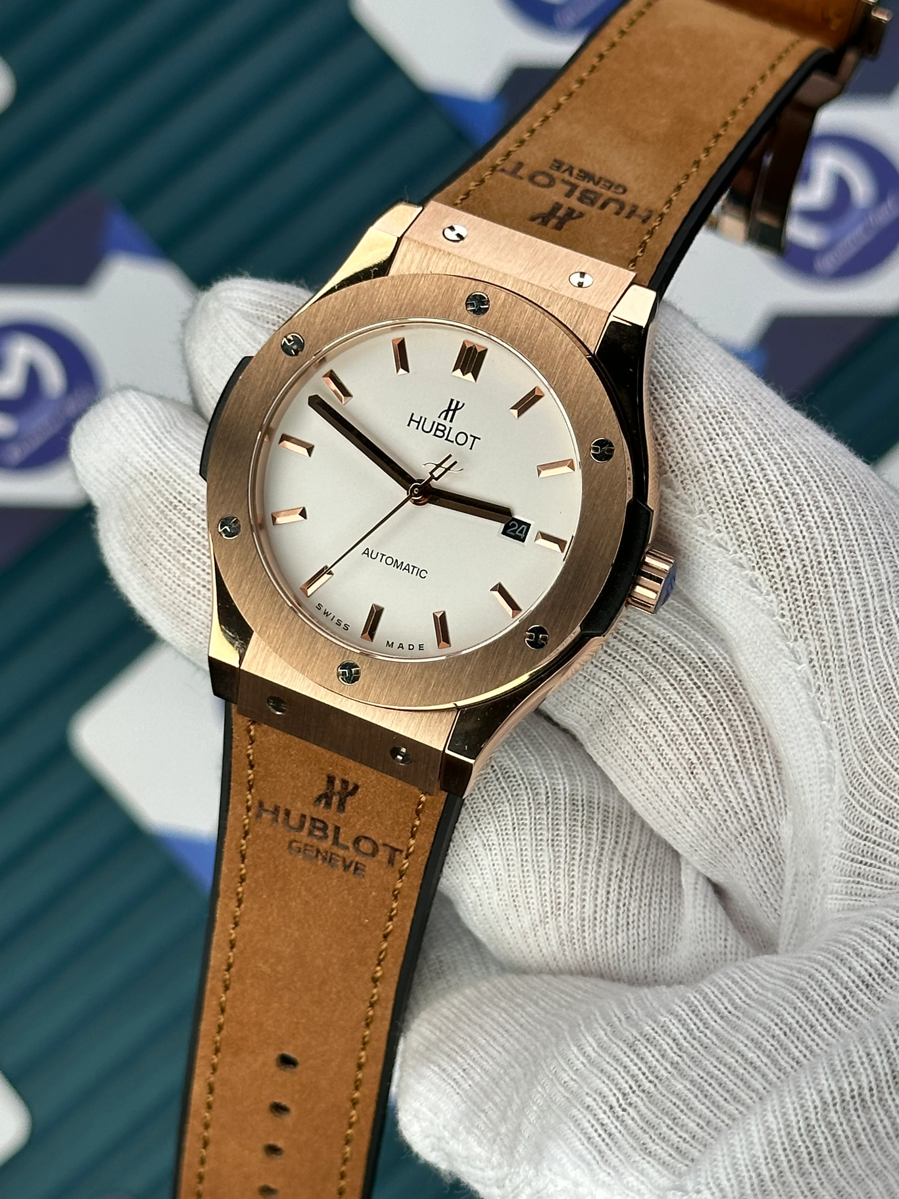 HUBLOT GENEVE AUTOMATIC VENDOME WHITE DIAL ROSE CASE BROWNT LEATHER CORD