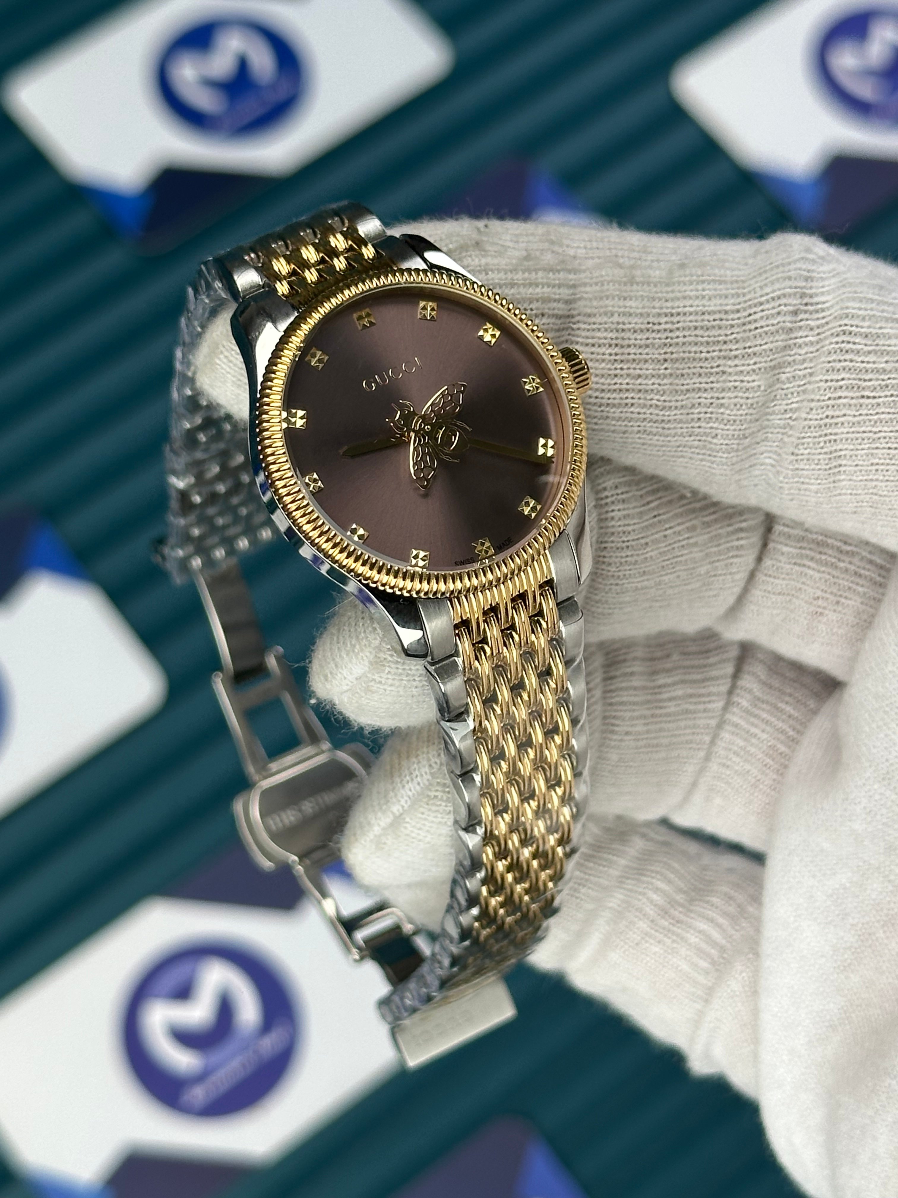 GUCCI CHOCOLATE DIAL SPINNING BUTTERFLY GOLD-SILVER