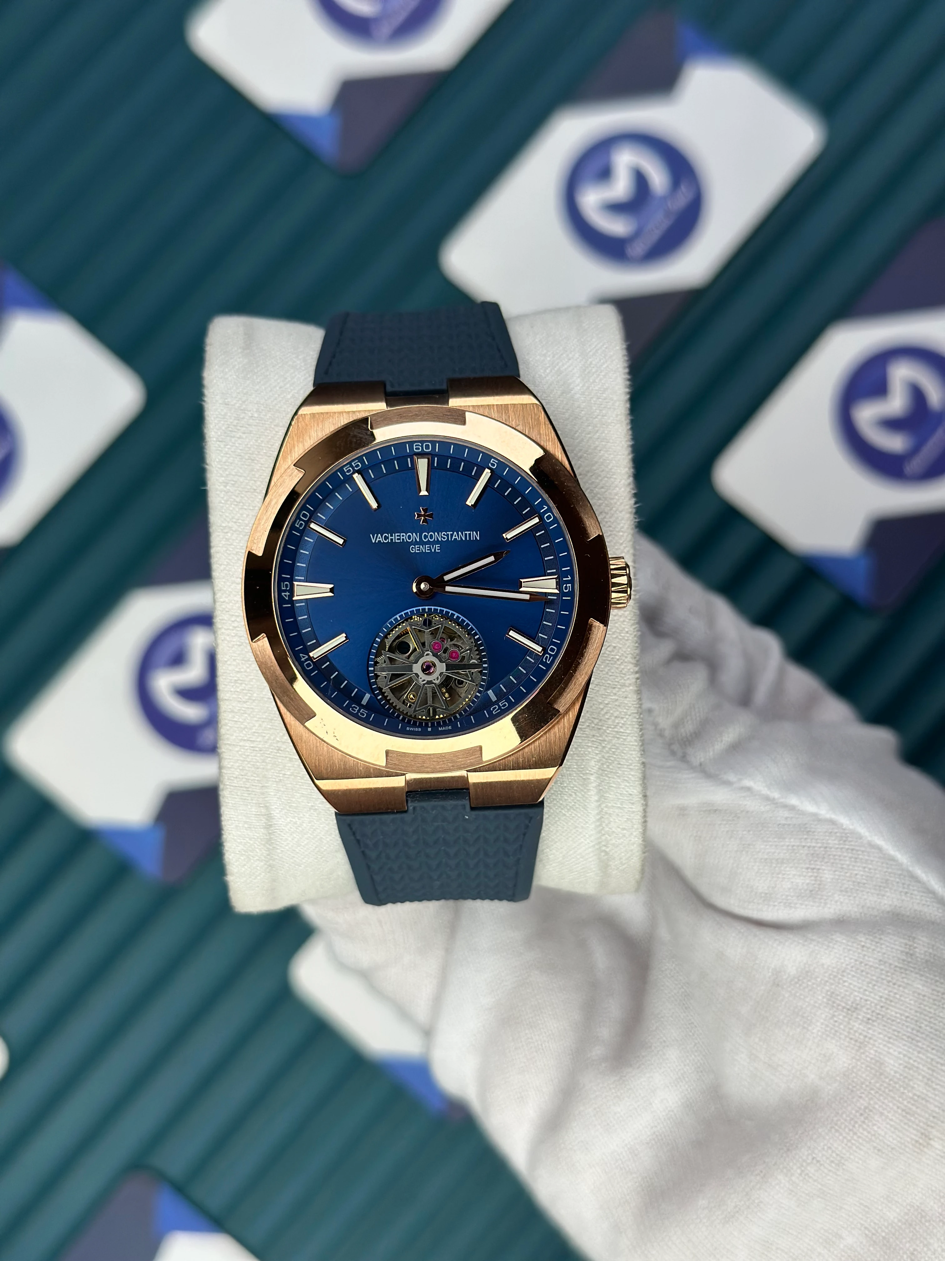 VACHERON CONSTANTIN BLUE DIAL ROSE CASE TOURBILLON OVERSEAS NAVY BLUE RUBBER