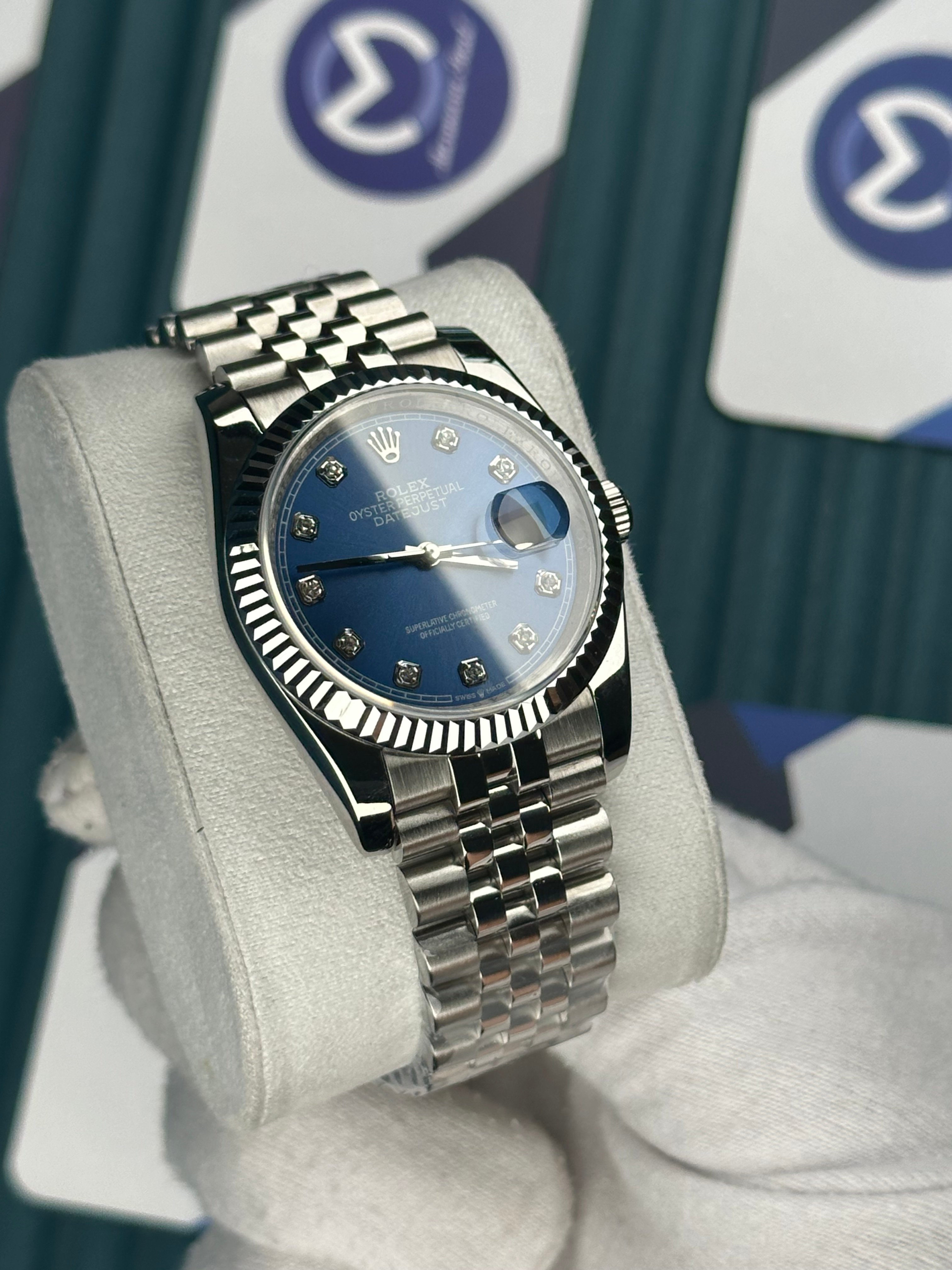 ROLEX 36 BLUE DIAL DIAMOND INDEX SILVER JUBILEE