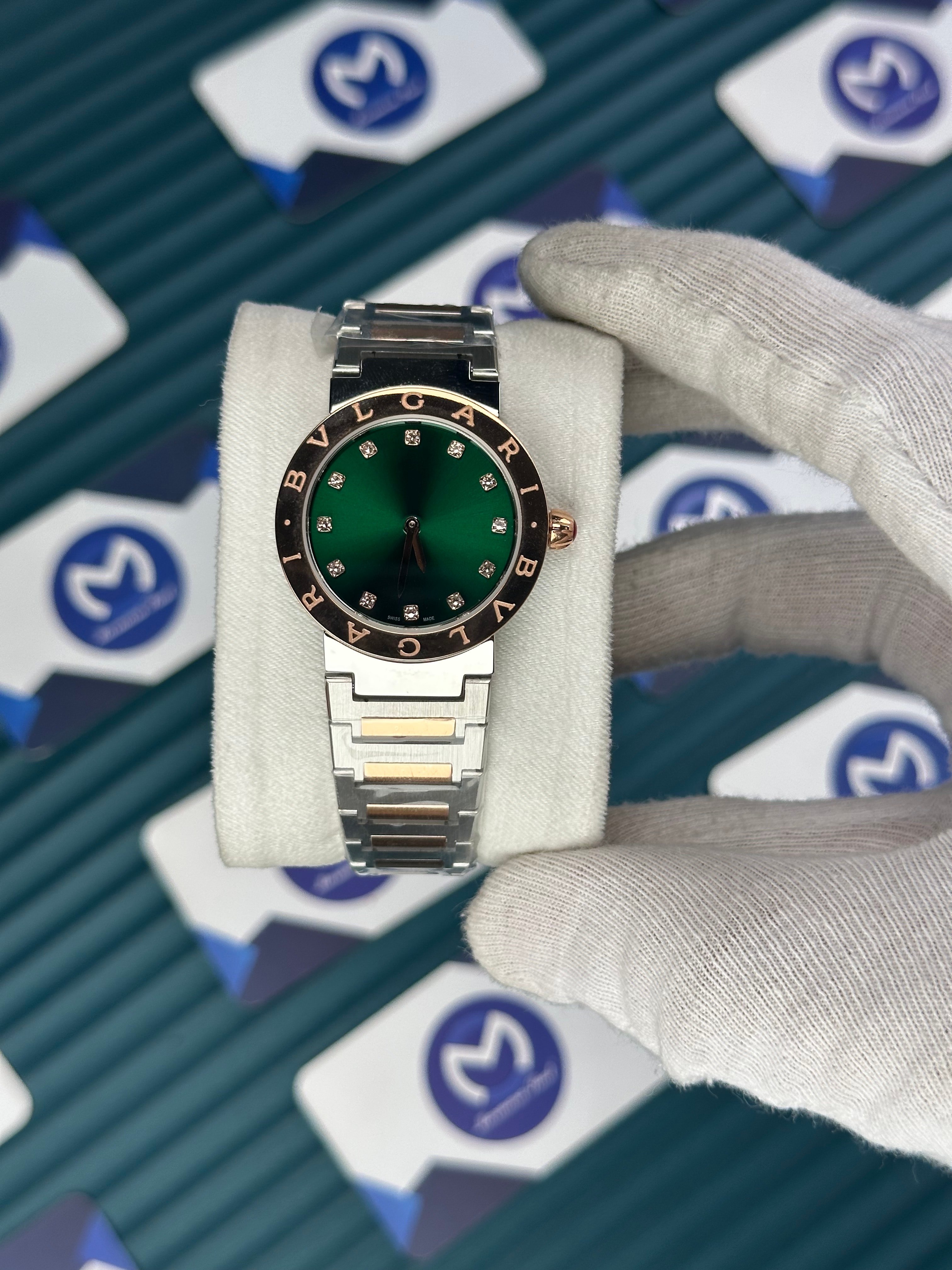 BVLGARI GREEN DIAL GOLD BEZEL DIAMOND INDEX GOLD-SILVER CORD